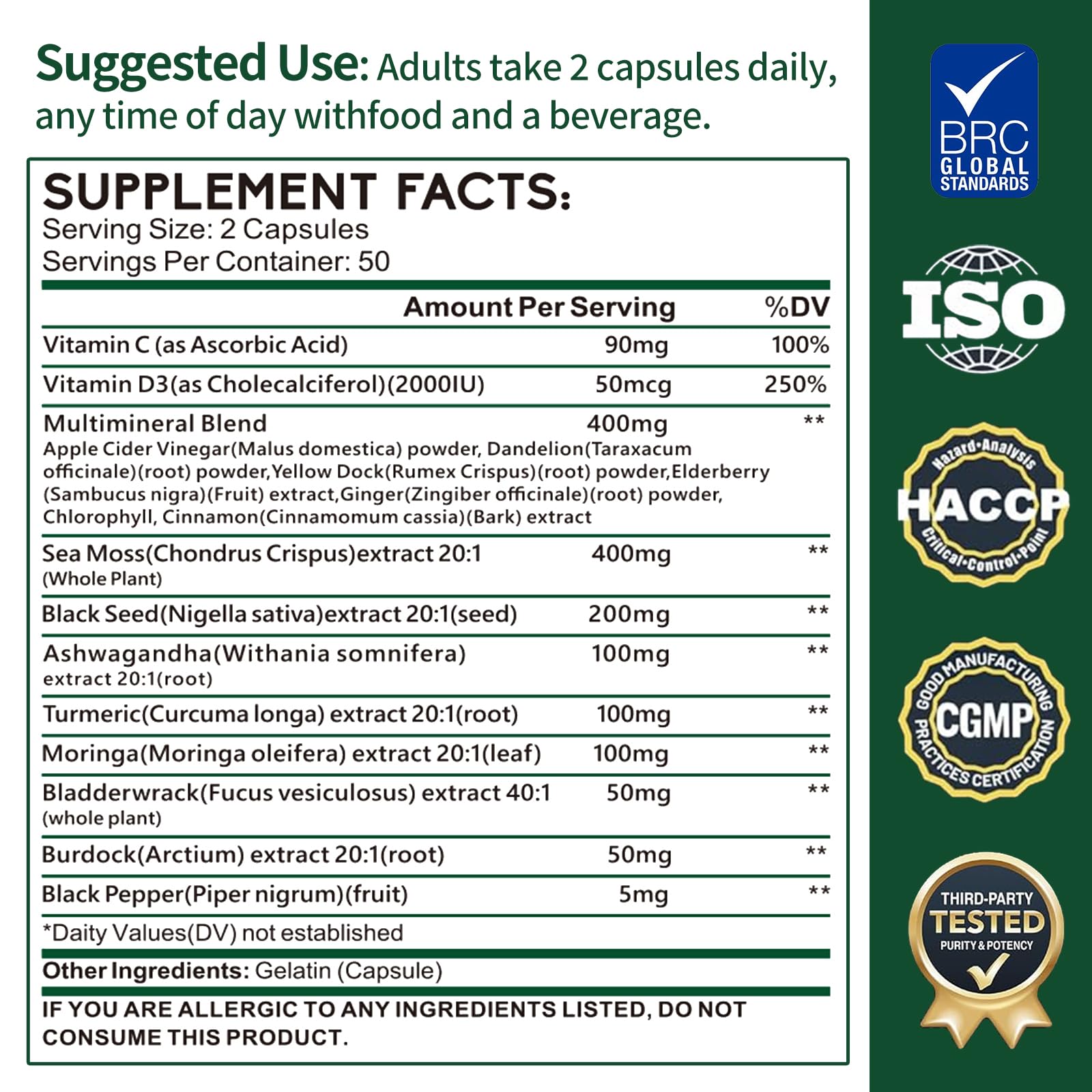Zhibenon Sea Moss Capsules with Bladderwrack & Burdock - 50 Day Supply - Powerful Formula with Black Seed Oil, Ashwagandha, Turmeric, Vitamin C, Vitamin D3, Moringa & Black Pepper Extract Zhibenon buy supplements canada