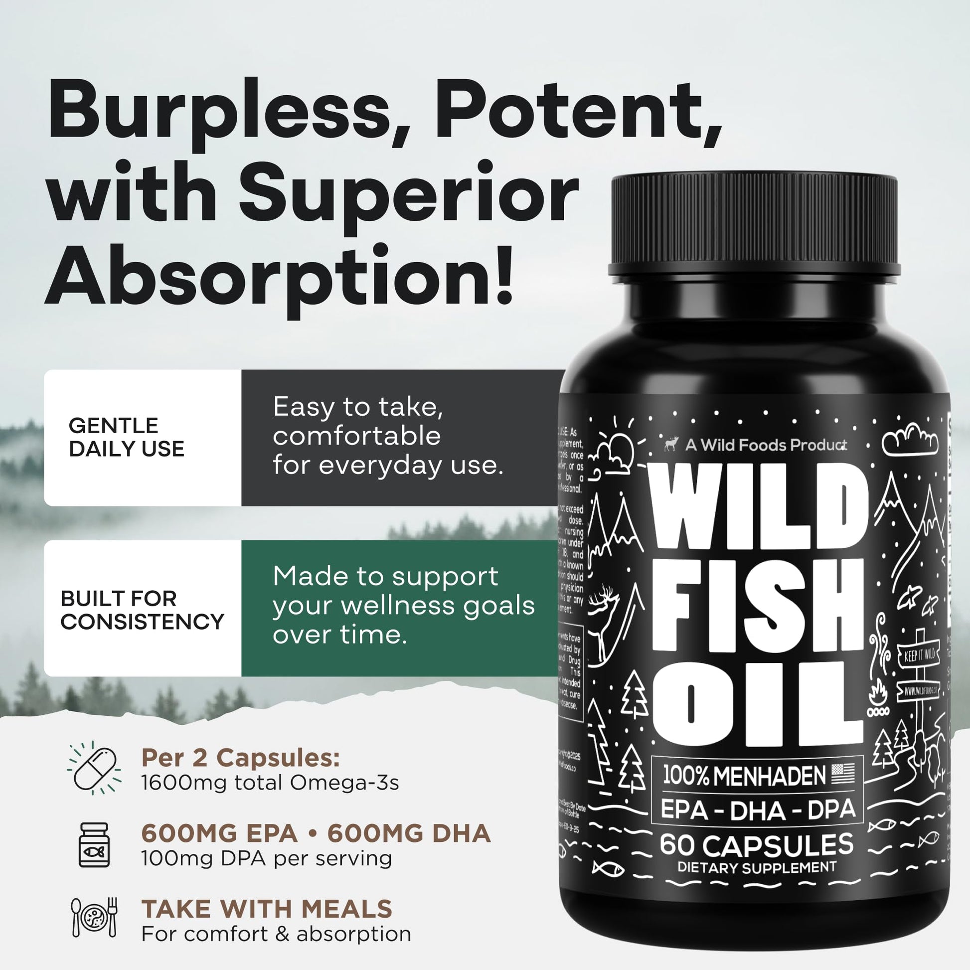 Wild Foods Fish Oil Omega 3 Supplements | 1600 mg | Highly-Potent: DPA, DHA, EPA | Burpless, Odorless, Non-GMO, Gluten Free | For Brain & Heart Health, Joint Support | 60 Capsules (1 pk) | 30 Servings Wild Foods buy supplements canada