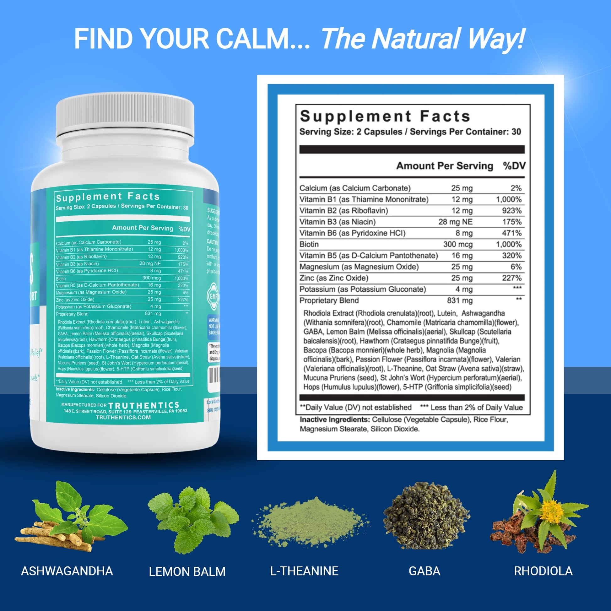 TRUTHENTICS Bye-Bye Stress - Stress & Mood Support Supplement for Women with Ashwagandha, GABA, Lemon Balm, L-Theanin & Vitamin B Complex - Vegan - 60 Capsules TRUTHENTICS buy supplements canada