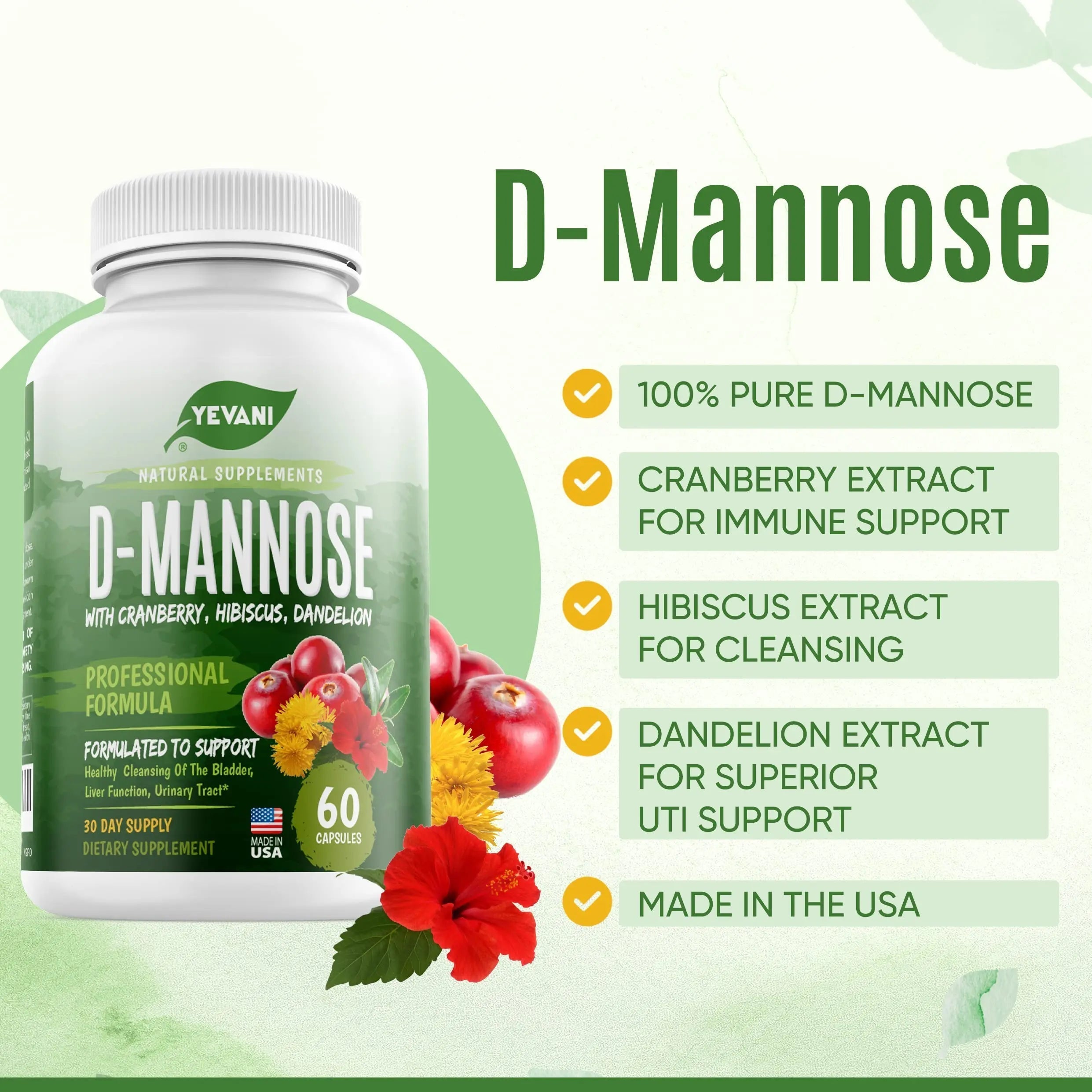 YEVANI 100% Pure D-Mannose Capsules 1000 mg with Cranberry, Hibiscus, and Dandelion Extract, Fast Acting Professional UTI Prevention Formula for Urinary Tract Health and Bladder Support YEVANI buy supplements canada