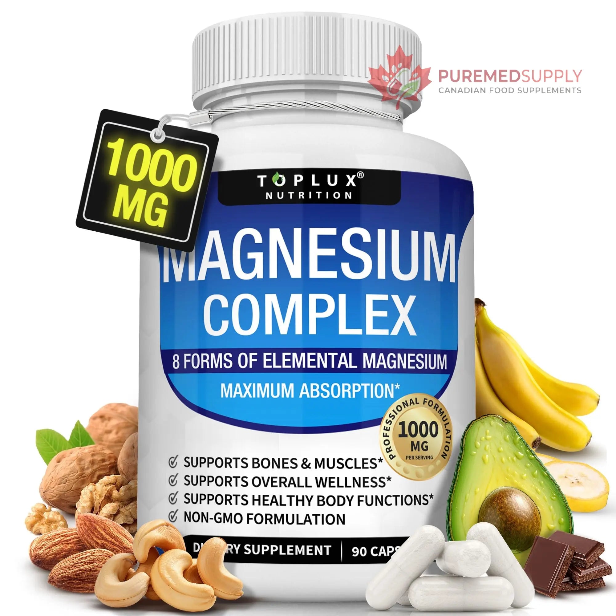 Magnesium Complex Supplement 8 Elemental 1000mg - Magnesium Glycinate, Citrate, Malate, Taurate, Chelated for Easy Absorption for Bones, Muscle, Recovery, Energy, Vegan Non-GMO 90 Capsules Toplux buy supplements canada
