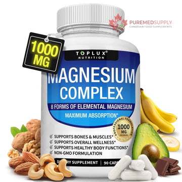 Magnesium Complex Supplement 8 Elemental 1000mg - Magnesium Glycinate, Citrate, Malate, Taurate, Chelated for Easy Absorption for Bones, Muscle, Recovery, Energy, Vegan Non-GMO 90 Capsules Toplux buy supplements canada