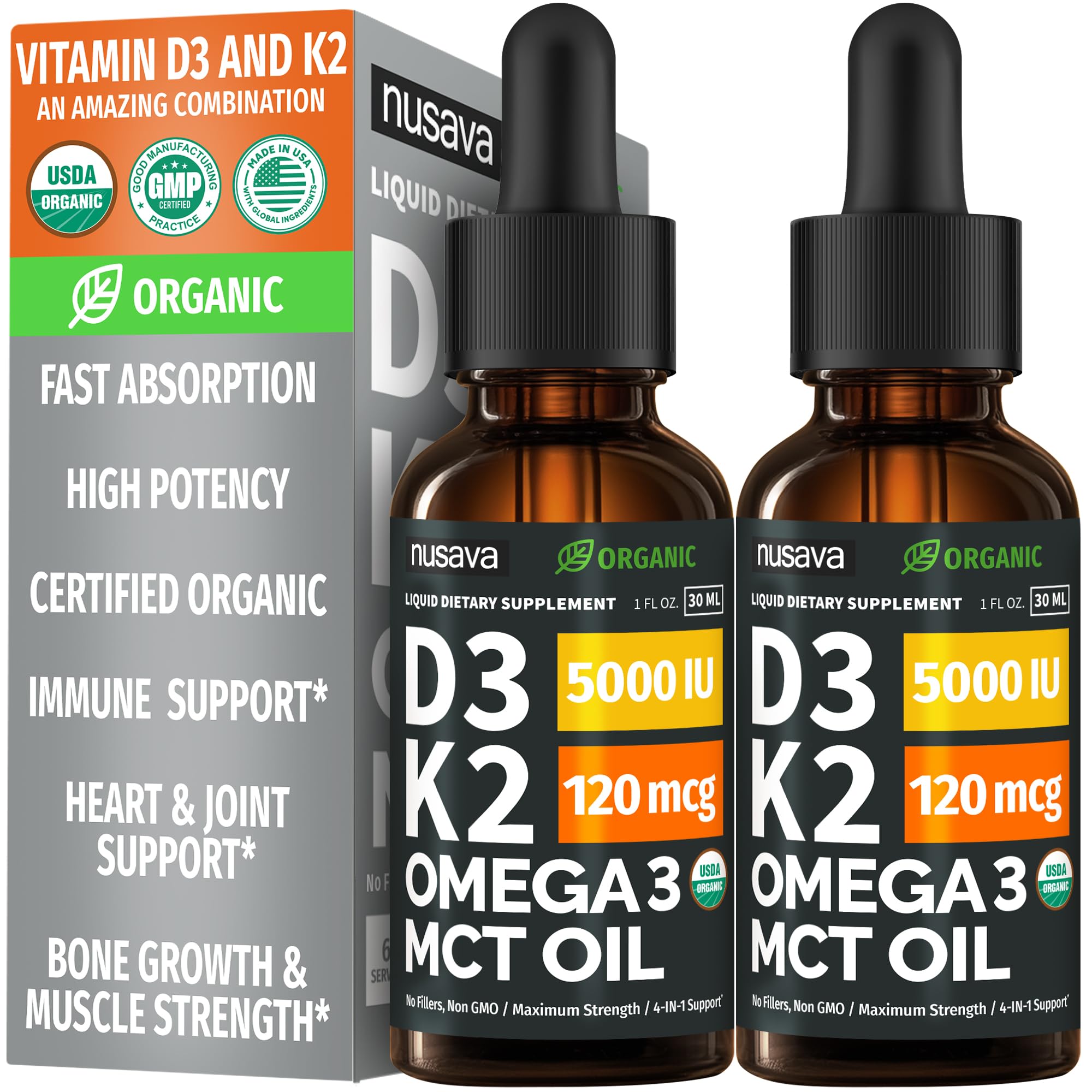 (2 Pack) Organic Vitamin D3 K2 Drops with MCT Oil Omega 3, 5000 IU, Maximum Strength Vitamin D Liquid, No Fillers, Non-GMO Liquid D3 for Faster Absorption and Immune Support (Unflavored, 2 Fl Oz) NUSAVA buy supplements canada