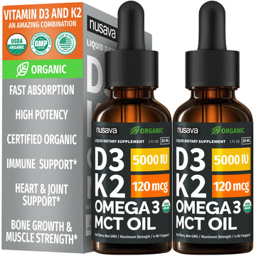 (2 Pack) Organic Vitamin D3 K2 Drops with MCT Oil Omega 3, 5000 IU, Maximum Strength Vitamin D Liquid, No Fillers, Non-GMO Liquid D3 for Faster Absorption and Immune Support (Unflavored, 2 Fl Oz) NUSAVA buy supplements canada