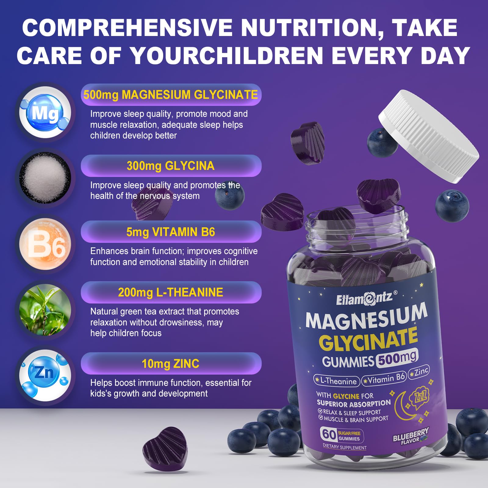 Magnesium Glycinate Gummies 500mg/250mg for Adults Kids Teens, Sugar Free Magnesium Calm Sleep Aid, Kids Sleep Gummies with L-Theanine Glycine B6 for Sleep, Calm, Muscle,Relax Brain,No Melatonin,2Pack ELLAMENTZ buy supplements canada