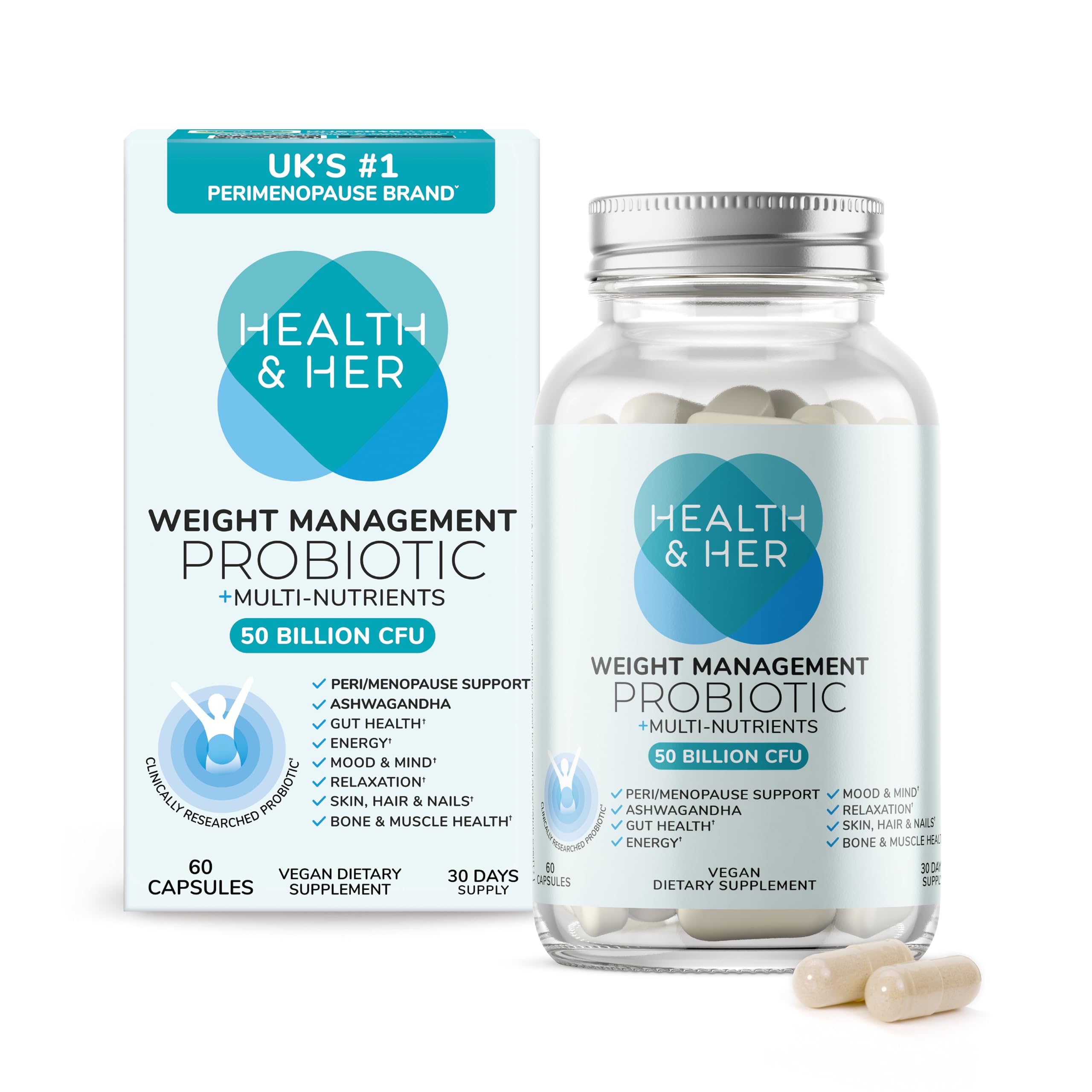 Health & Her Weight Management Probiotics for Women - Perimenopause & Menopause Supplement - Clinically Studied 50bn CFU Probiotics to Support Gut Health, Energy, Mood & Mind, Vegan (60 ct - 1 Month) Health and Her buy supplements canada