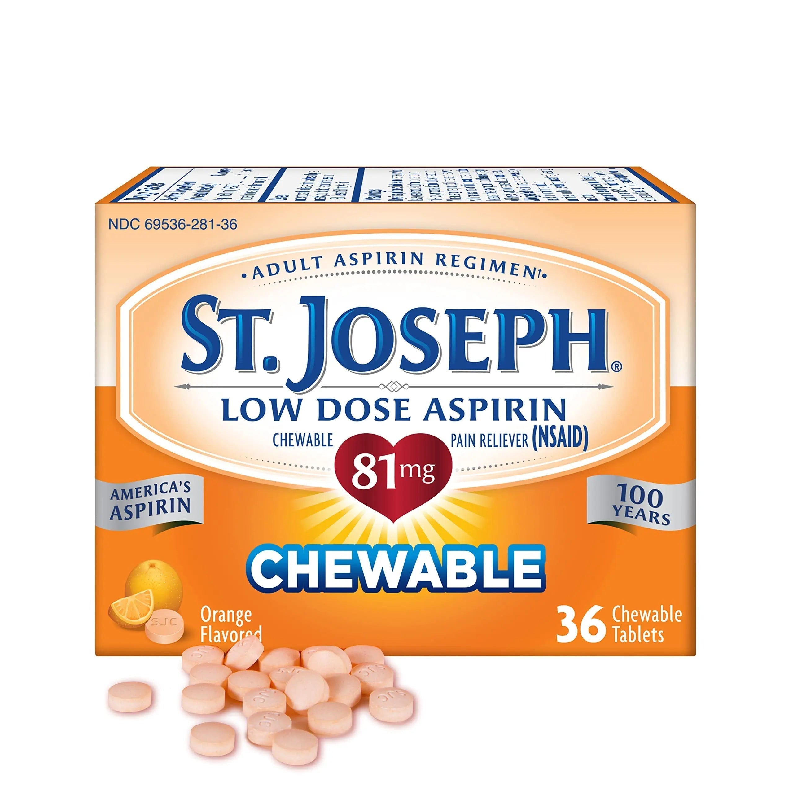 St. Joseph Aspirin Pain Reliever (NSAID) 81mg, Chewable Orange Tablets, Adult Low Dose Regimen, 36 ct St. Joseph buy supplements canada