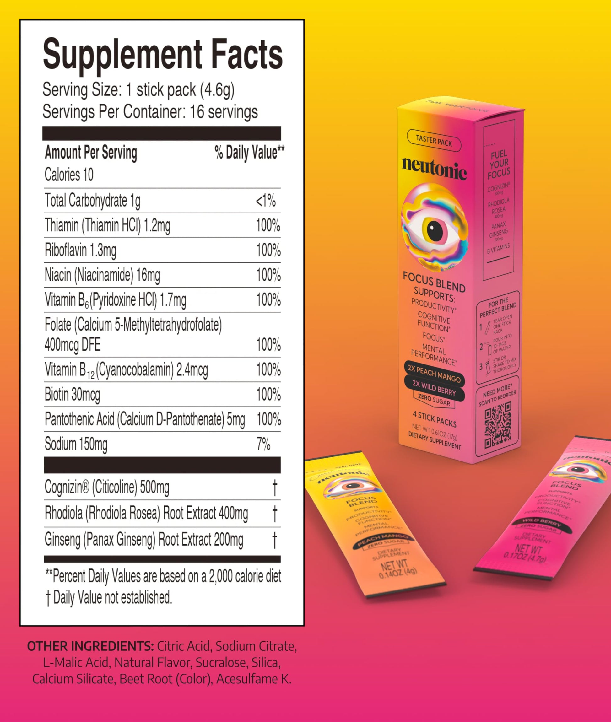 Neutonic Nootropic Focus Blend Powder | Peach Mango & Wild Berry 4 Sticks | Caffeine Free, Zero Sugar | Support Memory, Mental Clarity, Cognitive Function | Boost Focus, Energy, Brain Health Neutonic buy supplements canada