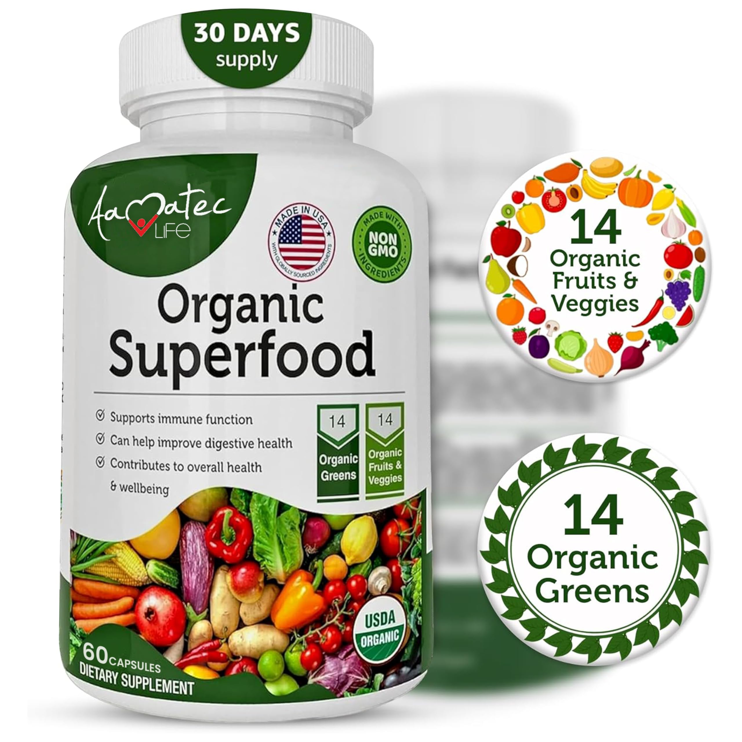 AAMATEC LIFE Organic Superfood Greens Fruits and Veggies Complex - Dietary Supplement with 14 Greens &14 Vegetables with Alfalfa Rich in Antioxidants Organic Ingredients Non-GMO (120 Count Pack of 2) AAMATEC LIFE buy supplements canada