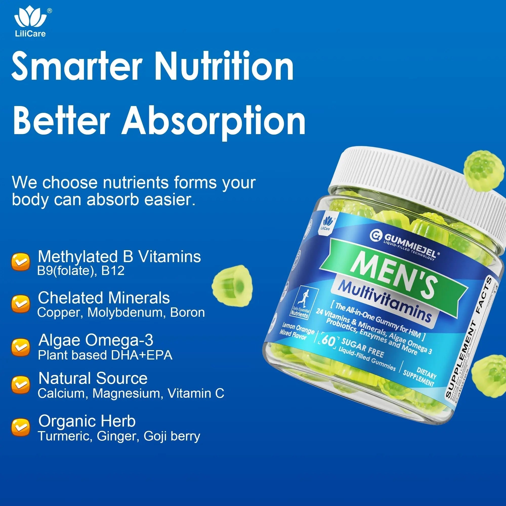 Mens Multivitamins Gummies, Methylated Multivitamin for Men, B Complex, Minerals, Vegan Omega 3, Probiotic, Enzyme LILICARE buy supplements canada