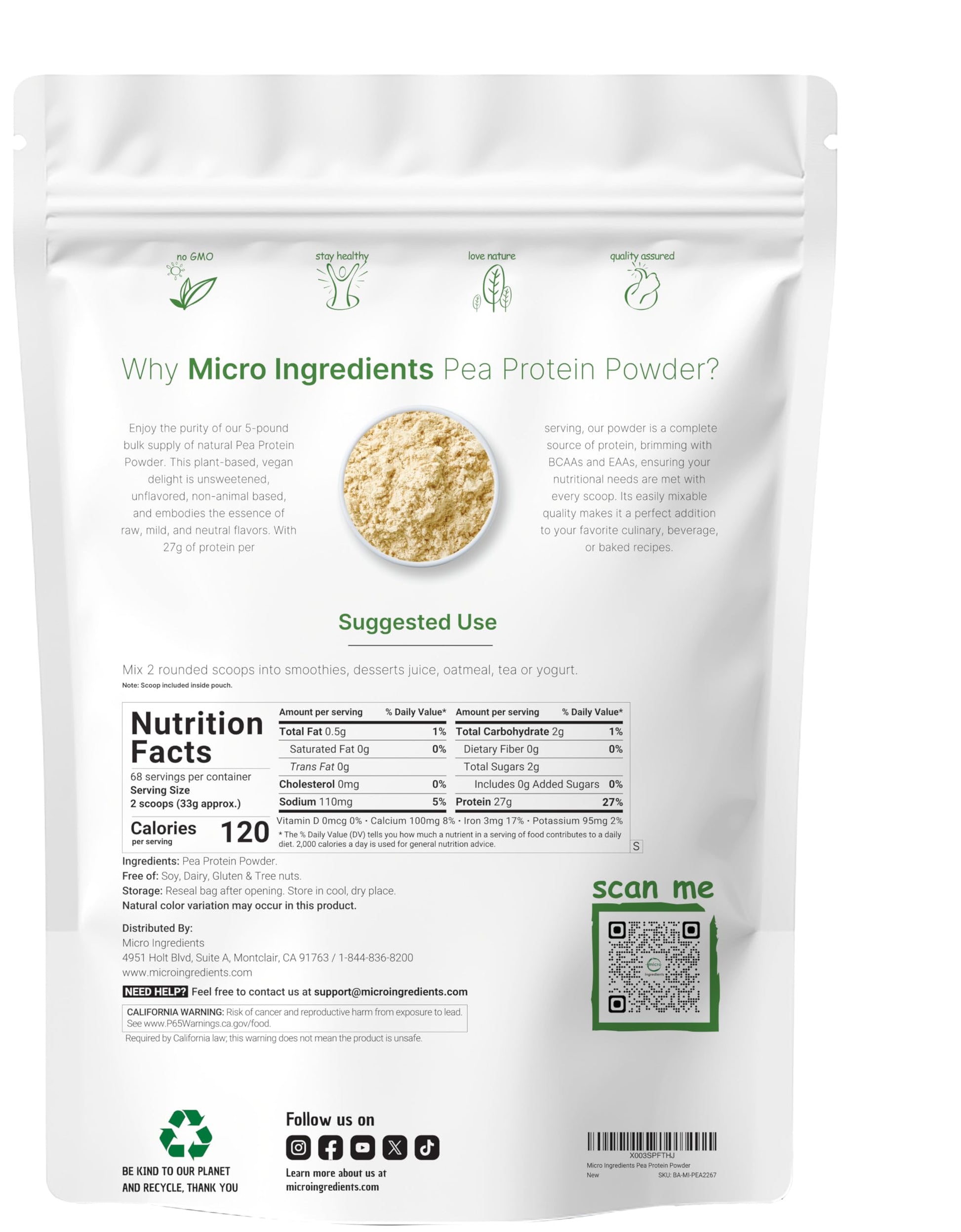 Micro Ingredients North American Grown, Pea Protein Powder, 5 Pounds | Plant Based, Unflavored | Complete Vegan Protein Source with BCAAs & EAAs – 27g Serving | Non-GMO, Keto Friendly Micro Ingredients buy supplements canada