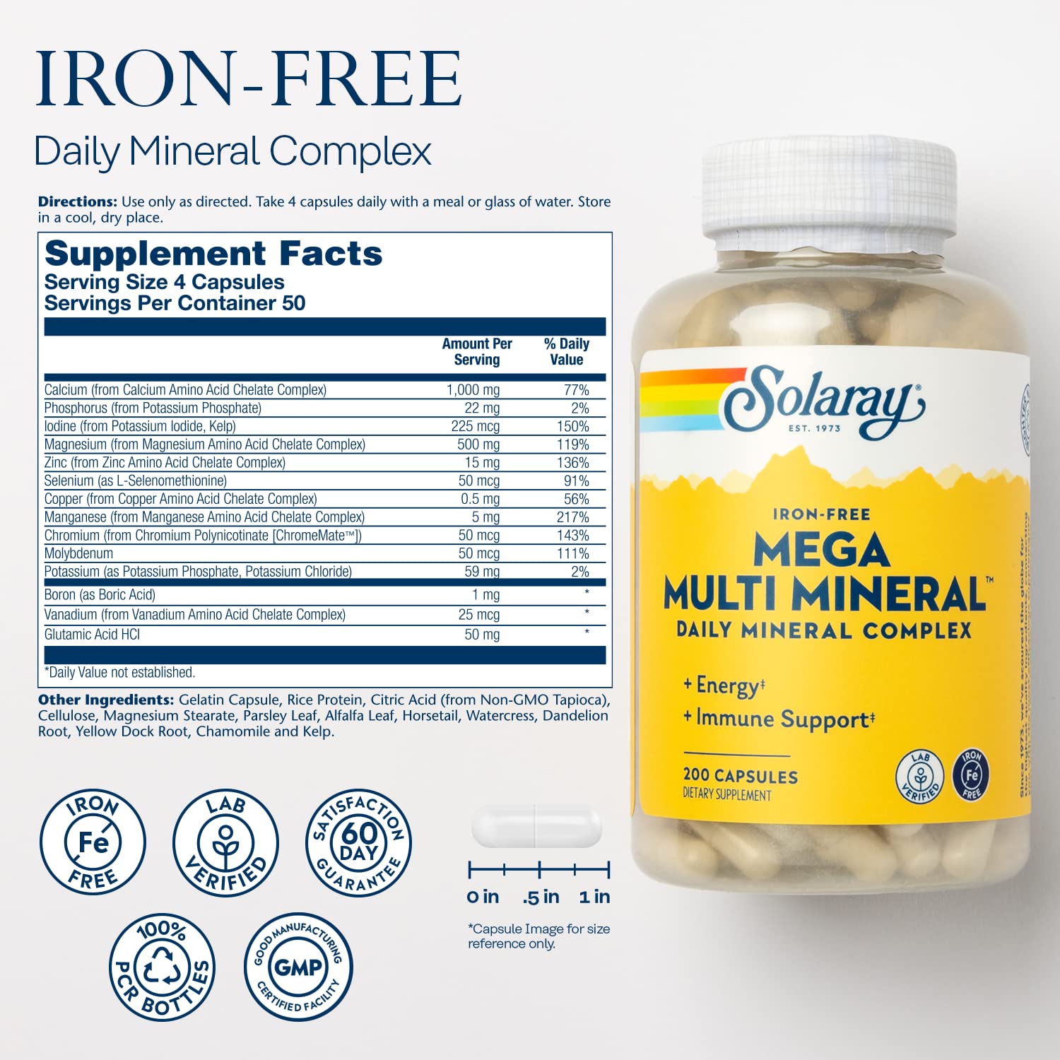 SOLARAY Mega Multi Mineral, Iron Free - Daily Mineral Supplement w/Trace Minerals, Electrolytes, Calcium, Magnesium, Zinc, Selenium, Boron -Cellular Energy, Immune Support, 60-Day Guarantee, 50 Serv SOLARAY buy supplements canada