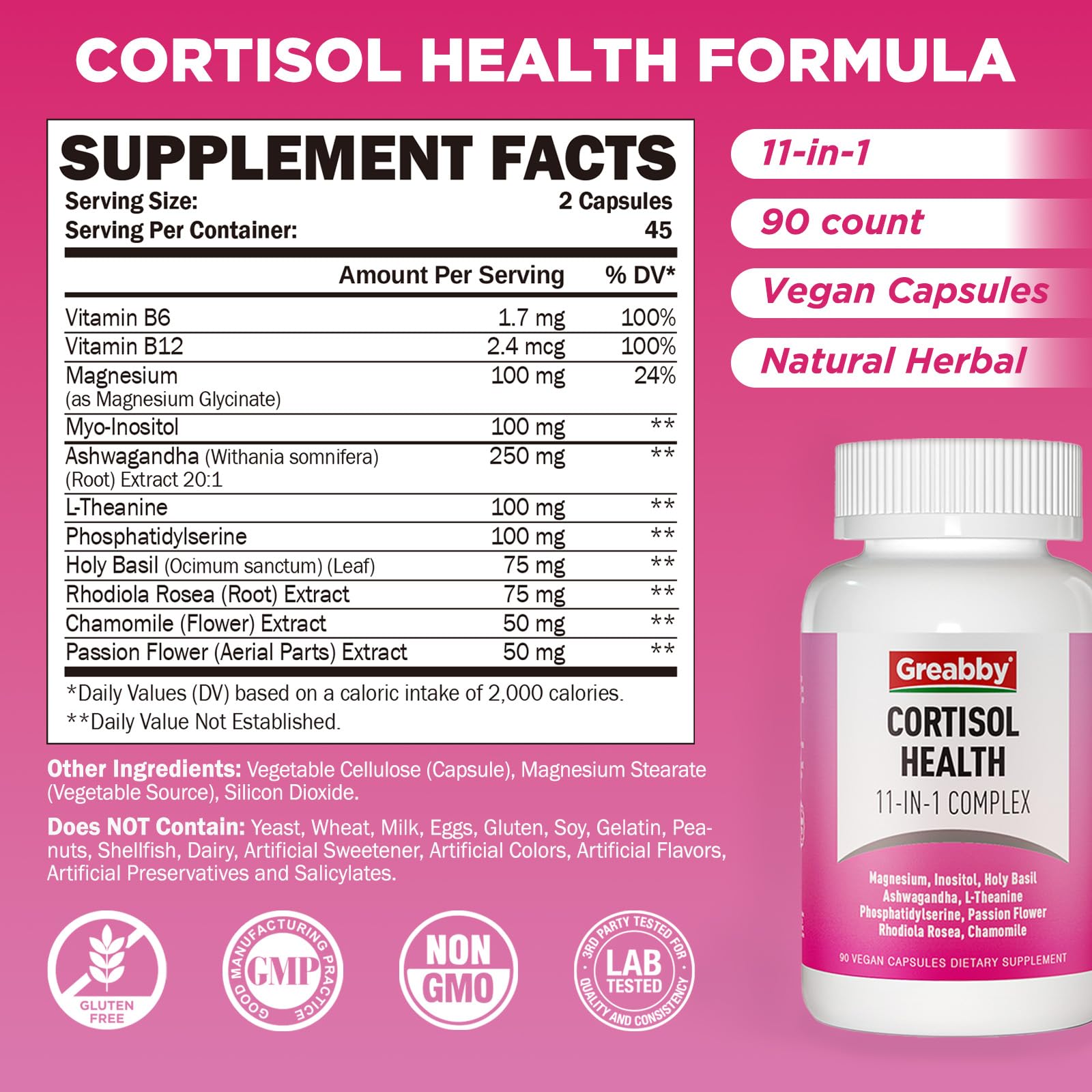 GREABBY Cortisol Supplements for Women, 11-in-1 Formula with Ashwagandha, L-Theanine, Phosphatidylserine and More, Lower Cortisol Health Support, 90 Vegan Capsules GREABBY buy supplements canada