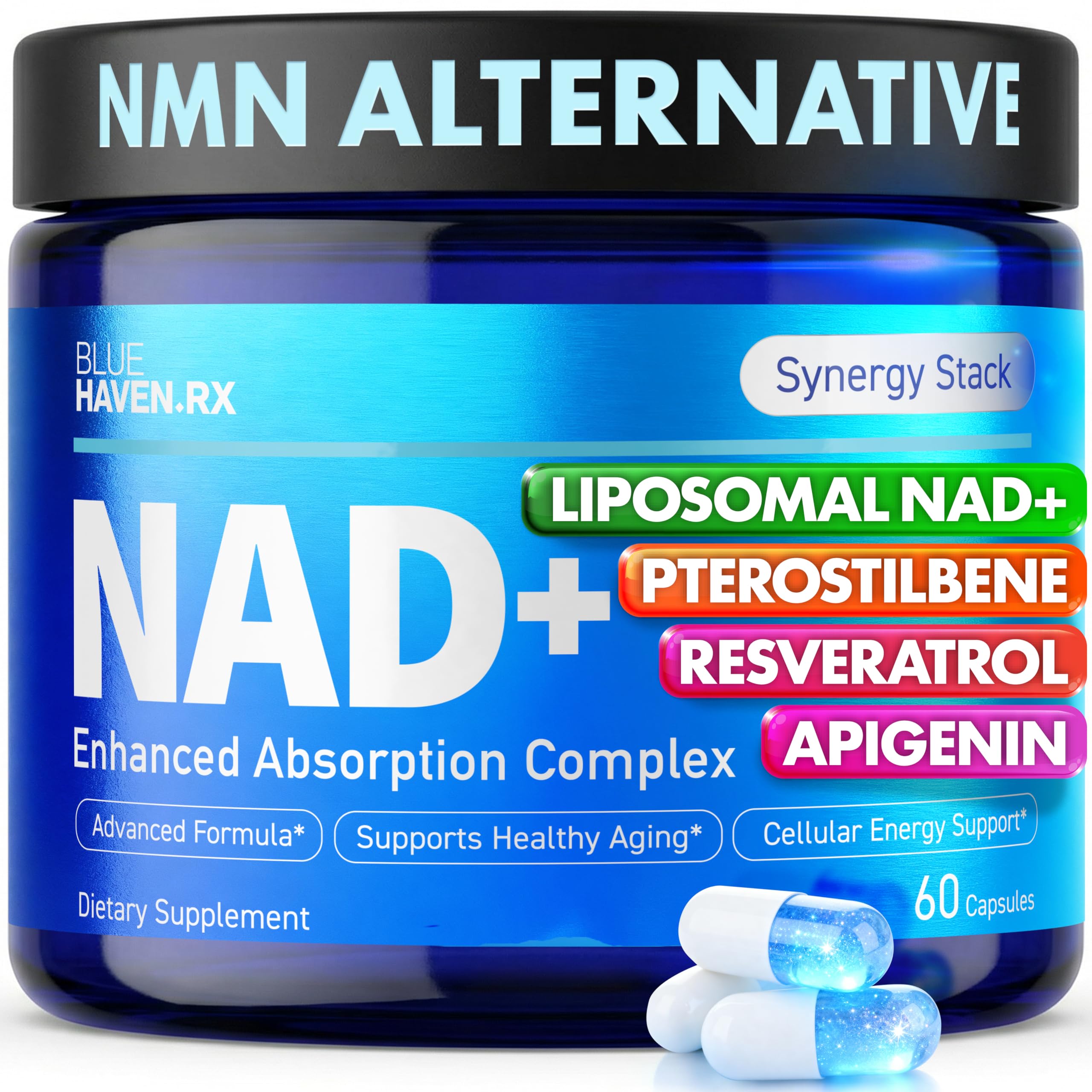 Blue Haven Rx NAD+ Supplement - NMN Alternative with Liposomal NAD+, Trans Resveratrol, Manganese, Apigenin Plus Pterostilbene for Women and Men, Anti Aging Support Blue Haven Rx buy supplements canada