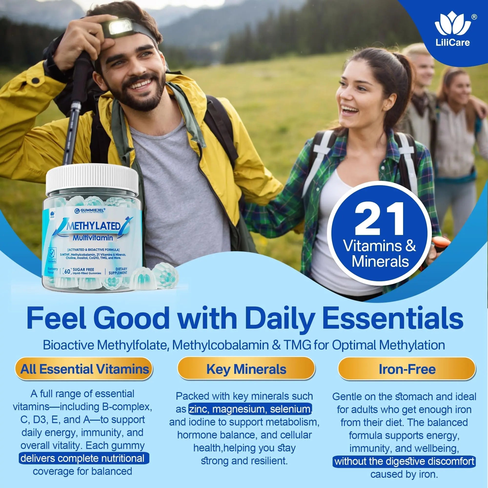 Methylated Multivitamin for Men & Women Gummies + Greens & Mushroom Blend, Methylfolate & B12, TMG, Choline LILICARE buy supplements canada