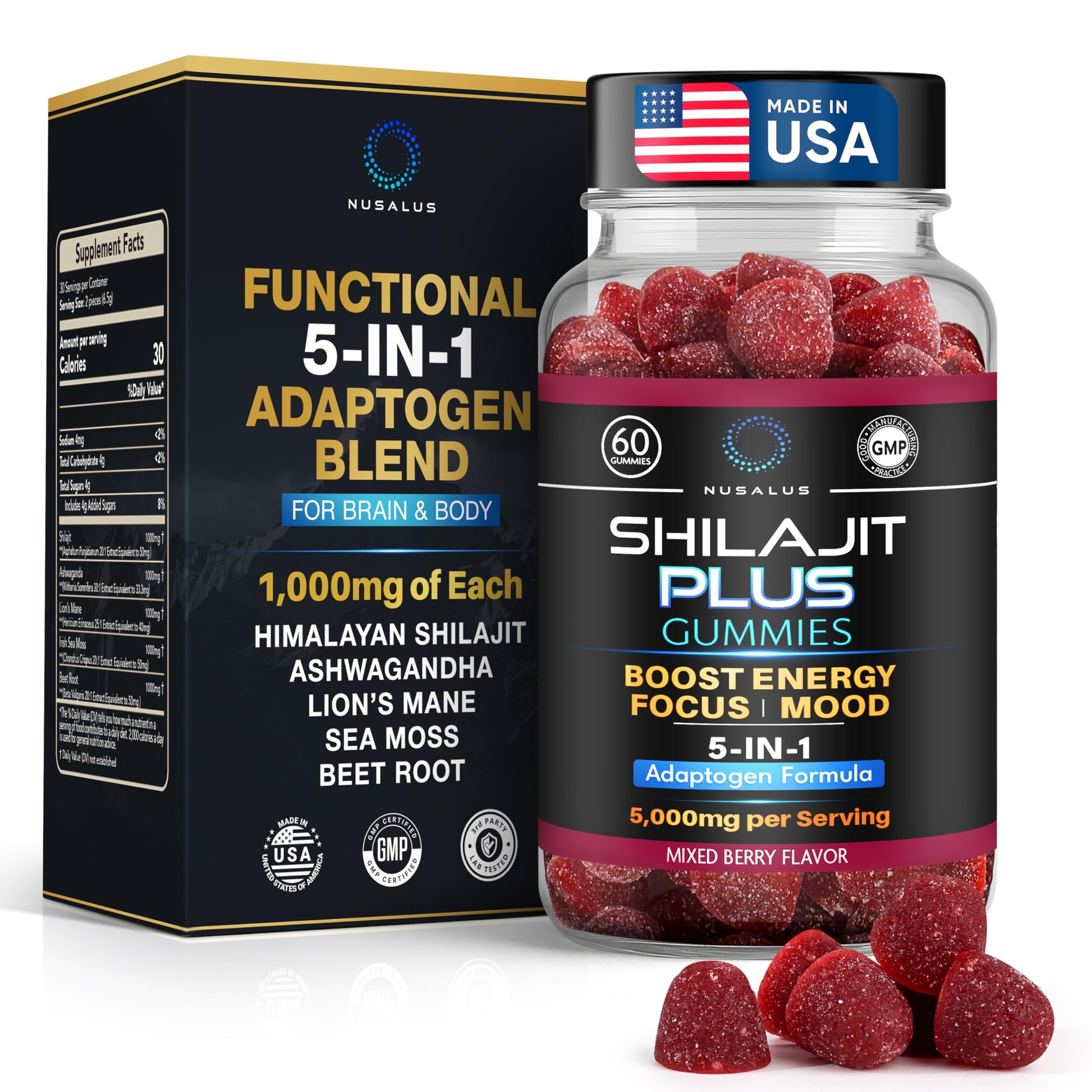 Nusalus Shilajit Plus Gummies – 5-in-1 Adaptogen Energy & Focus Supplement | Shilajit, Ashwagandha, Lion’s Mane, Sea Moss & Beet Root | Natural Energy & Stress Support | Made in USA, Vegan, 60ct Nusalus buy supplements canada
