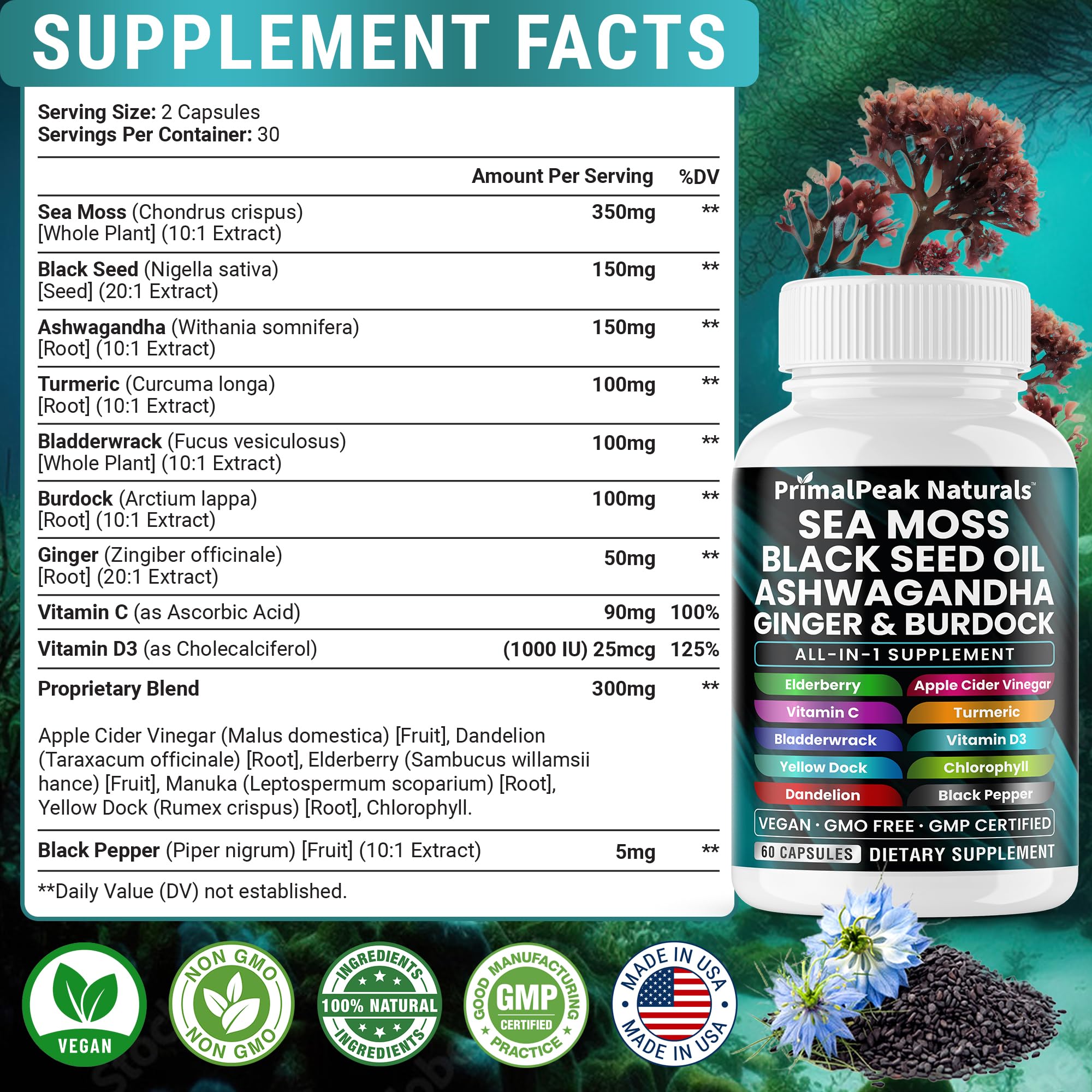 PrimalPeak Naturals Sea Moss Black Seed Oil Ashwagandha Ginger Burdock Bladderwrack Turmeric & Vitamin C Vitamin D3 with ACV Elderberry Chlorophyll Dandelion Yellow Dock Vegan Capsules - 60 Count PrimalPeak Naturals buy supplements canada