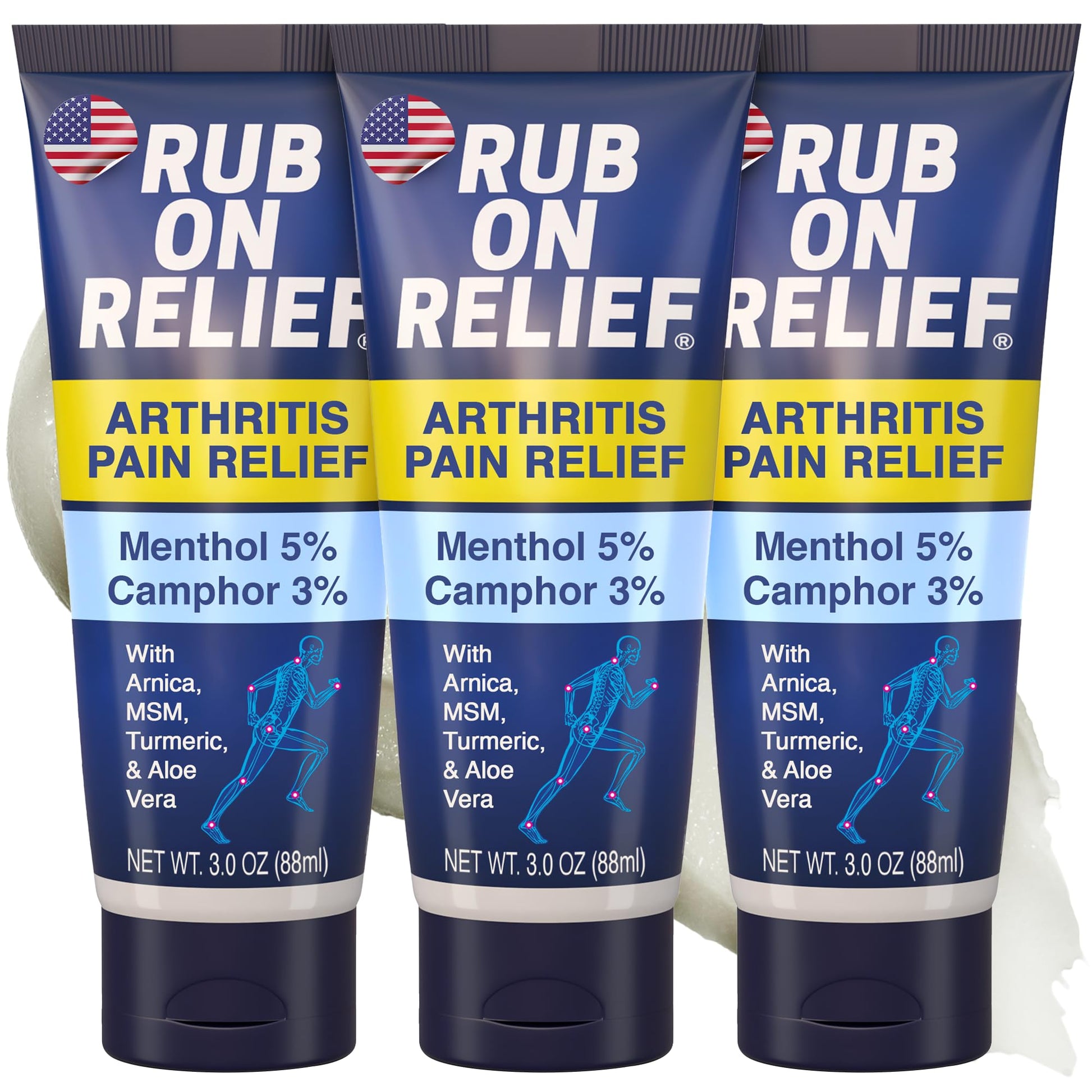 RUB ON RELIEF Arthritis Pain Relief Cream – 10-in-1 Non-Greasy Joints Pain Cream for Knees, Back, Neck, Hands, & Muscle Aches with Menthol, Camphor, Arnica, MSM & Turmeric Up to 8 Hours, 3oz (3 Pack) RUB ON RELIEF buy supplements canada