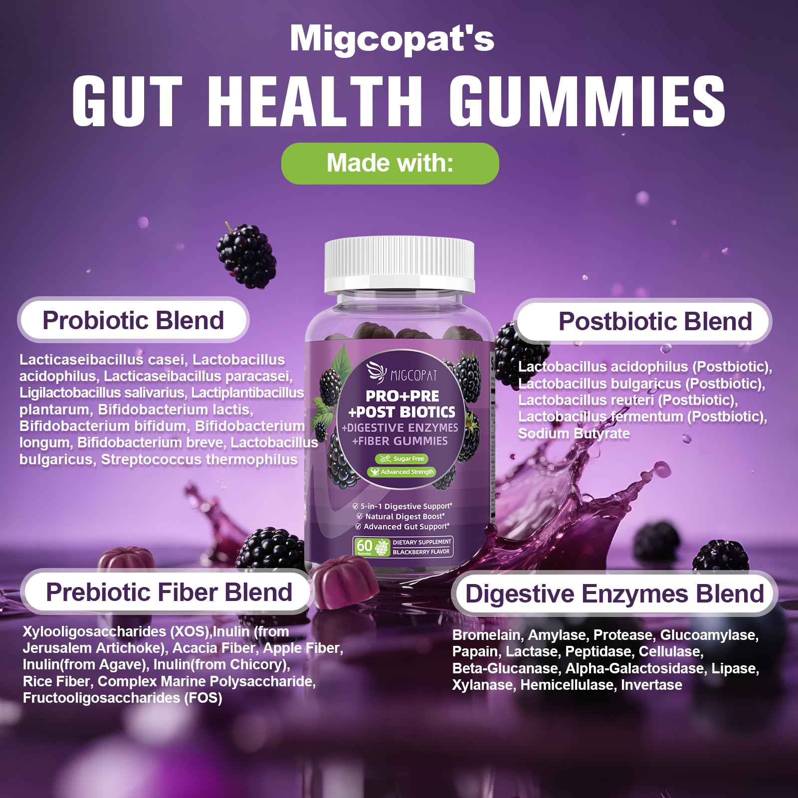 Migcopat Pre Post Probiotics Gummies, 5 in 1 Probiotic Prebiotic Postbiotic Digestive Enzymes with Fiber, 120 Billion CFU Probiotics Complete Gut Support, Sugar Free, Vegan, BlackBerry Flavor, 60 Cts Migcopat buy supplements canada