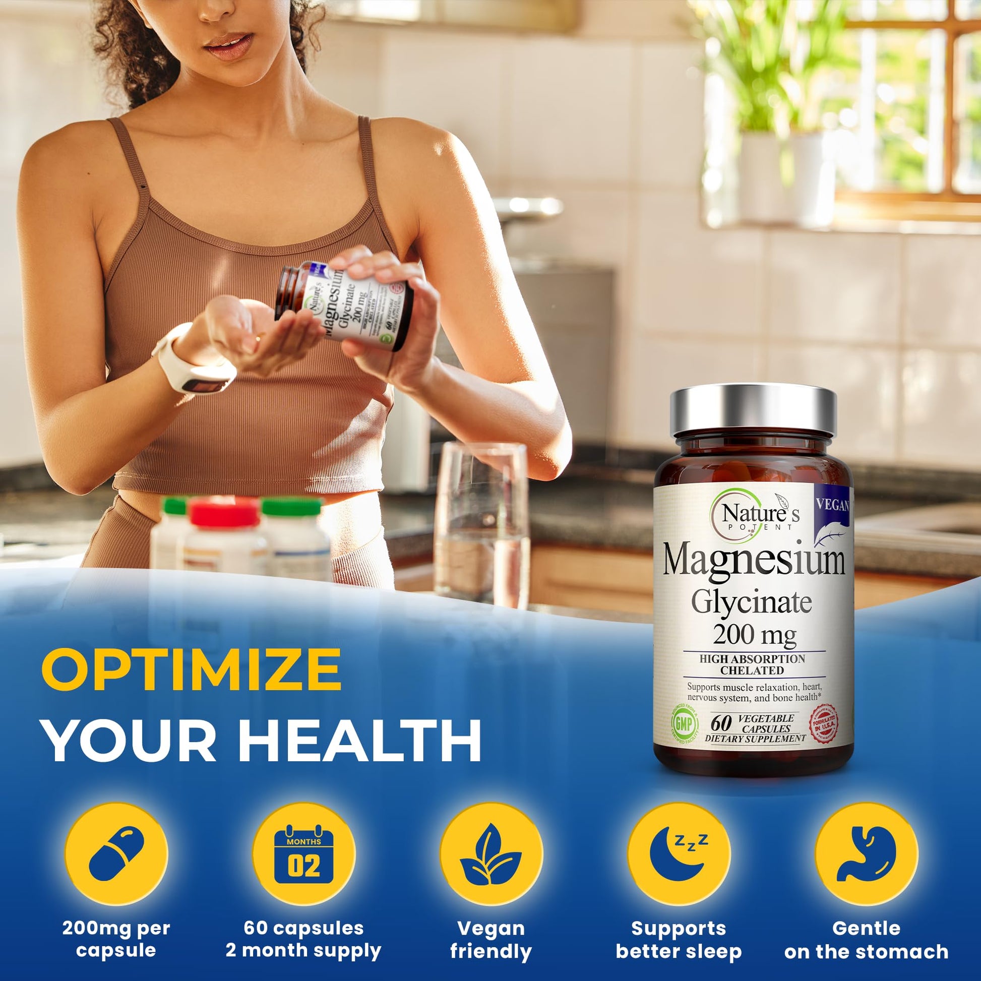 Nature’s Potent Magnesium Glycinate 200mg | High Absorption Chelated Magnesium | Sleep, Calm & Muscle Cramp Support | Vegan Supplement | 60 Capsules Nature's Potent buy supplements canada