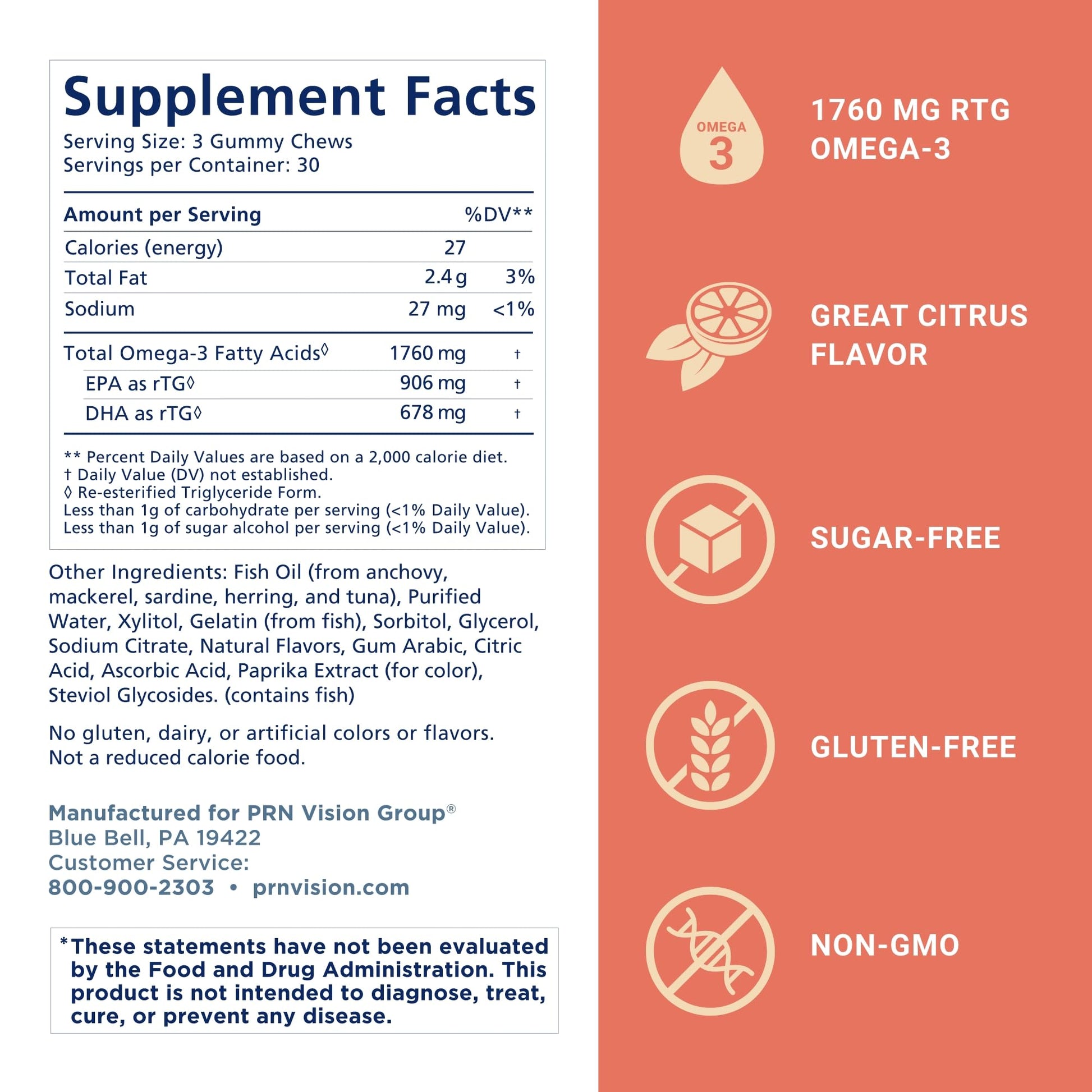 Omega 3 Gummy Chewables - 90 Gel Chews, 30-Day Supply, Citrus Flavor - 1760mg Ultra-Pure rTG Omega 3 for Eye, Heart, Brain, Joint & Immune Health PRN Physician Recommended Nutriceuticals buy supplements canada