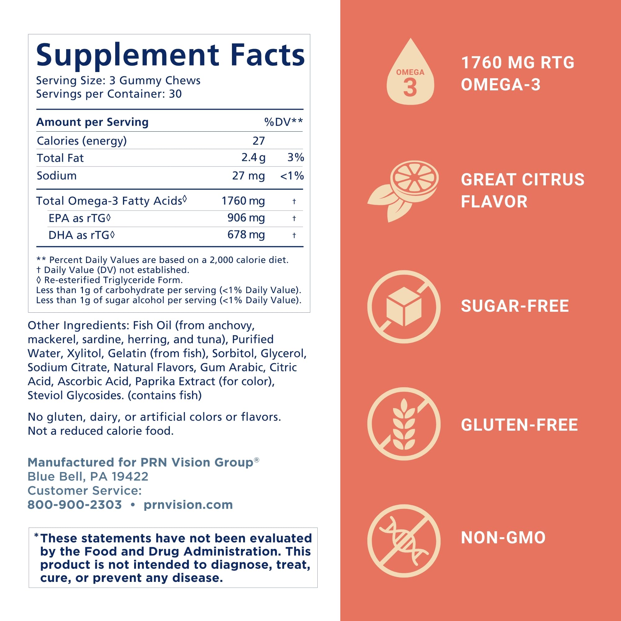Omega 3 Gummy Chewables - 90 Gel Chews, 30-Day Supply, Citrus Flavor - 1760mg Ultra-Pure rTG Omega 3 for Eye, Heart, Brain, Joint & Immune Health PRN Physician Recommended Nutriceuticals buy supplements canada