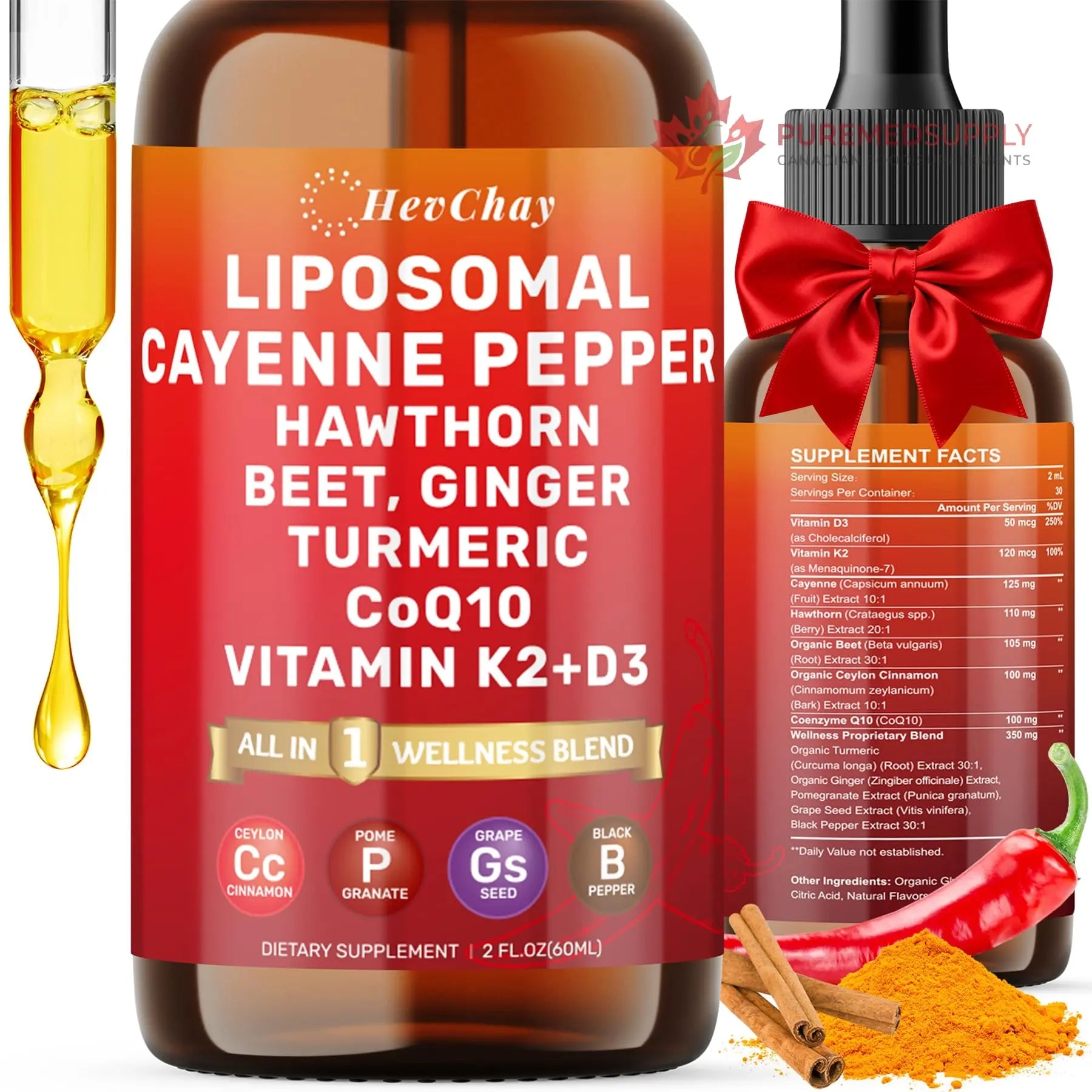 Cayenne Pepper Drops Liposomal Supplement Liquid + Hawthorn Berry, Vitamin D3 K2 Beet Root Powder, Ceylon Cinnamon, CoQ10, Turmeric Curcumin, Cayenne Pepper Extract - 2oz HevChay buy supplements canada