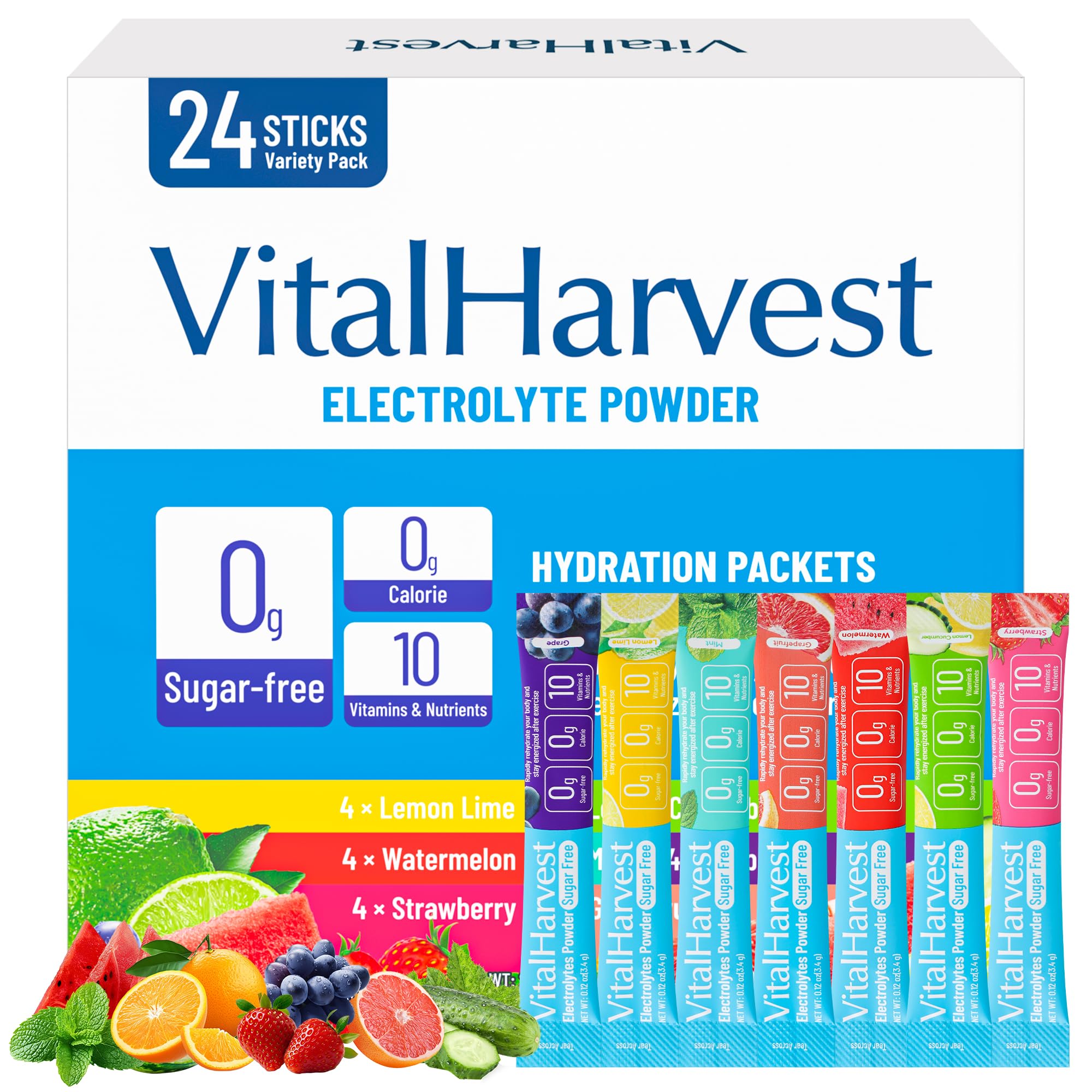 24 Sticks Electrolytes Powder Packets 7 Flavors Sugar Free Hydration Packets Liquid Daily IV Drink Mix, Low Sodium, Lemon Lime, Watermelon, Strawberry, Grape VitalHarvest buy supplements canada