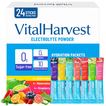 24 Sticks Electrolytes Powder Packets 7 Flavors Sugar Free Hydration Packets Liquid Daily IV Drink Mix, Low Sodium, Lemon Lime, Watermelon, Strawberry, Grape VitalHarvest buy supplements canada