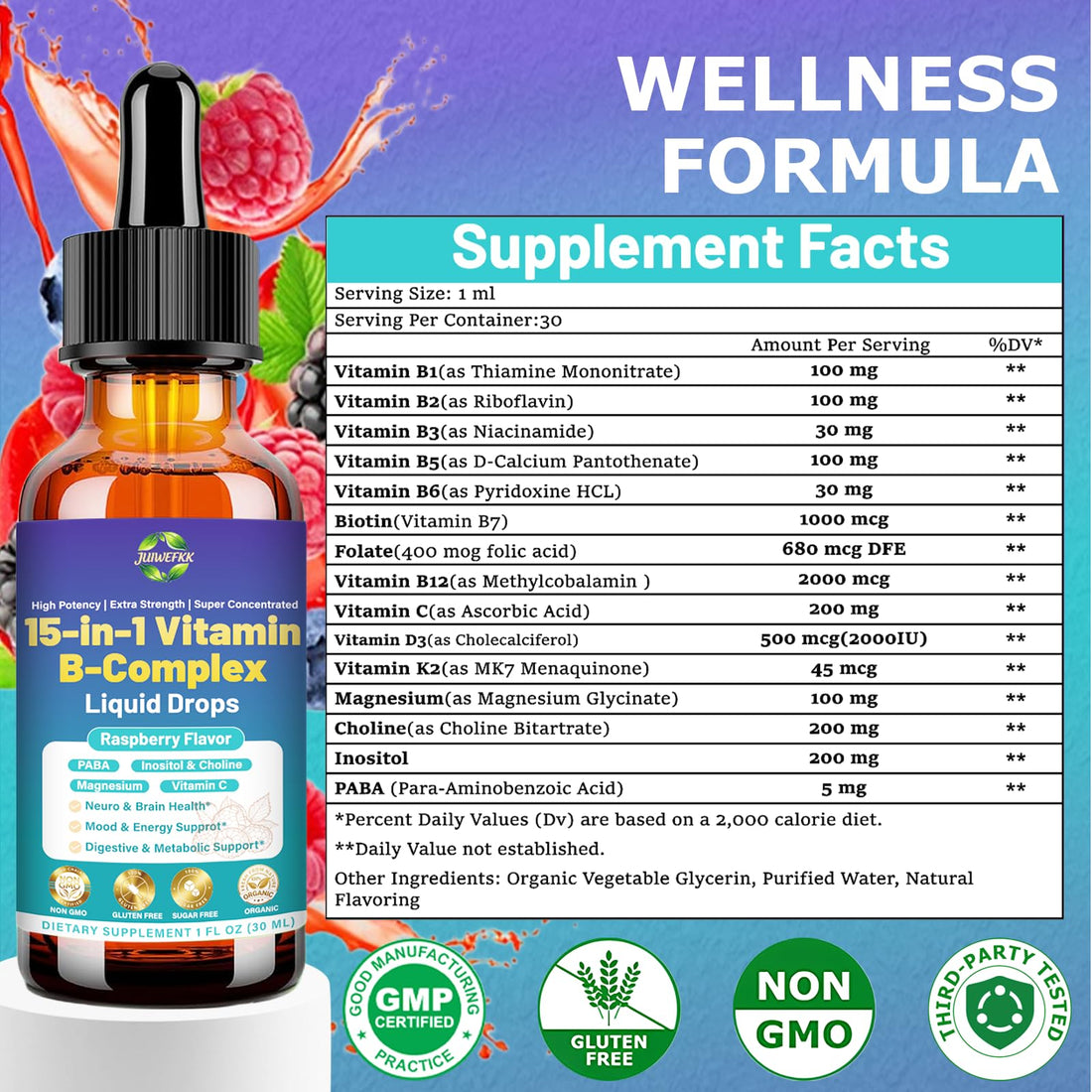 Advanced Vitamin B Complex Liquid Drops for Women Men & Kids, 15-in-1 VIT B Complex with Vitamin C B12 B6 B1 Niacin Folate for Brain Nerve Neuropathy Energy Mood Health, Sublingual B-Complex Drops JUIWEFKK buy supplements canada