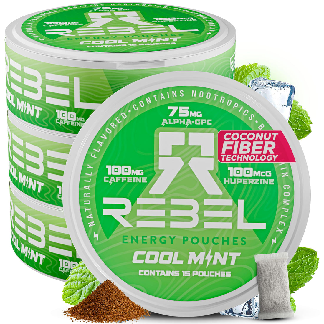 Rebel Nootropic Energy Caffeine Pouches (Cool Mint) • 100mg Caffeine • Alpha GPC • Huperzine A & Essential Vitamins • Sugar-Free • Coconut Fiber Technology • 15 Pouches Per Can (Pack of 4) Rebel Supplements buy supplements canada
