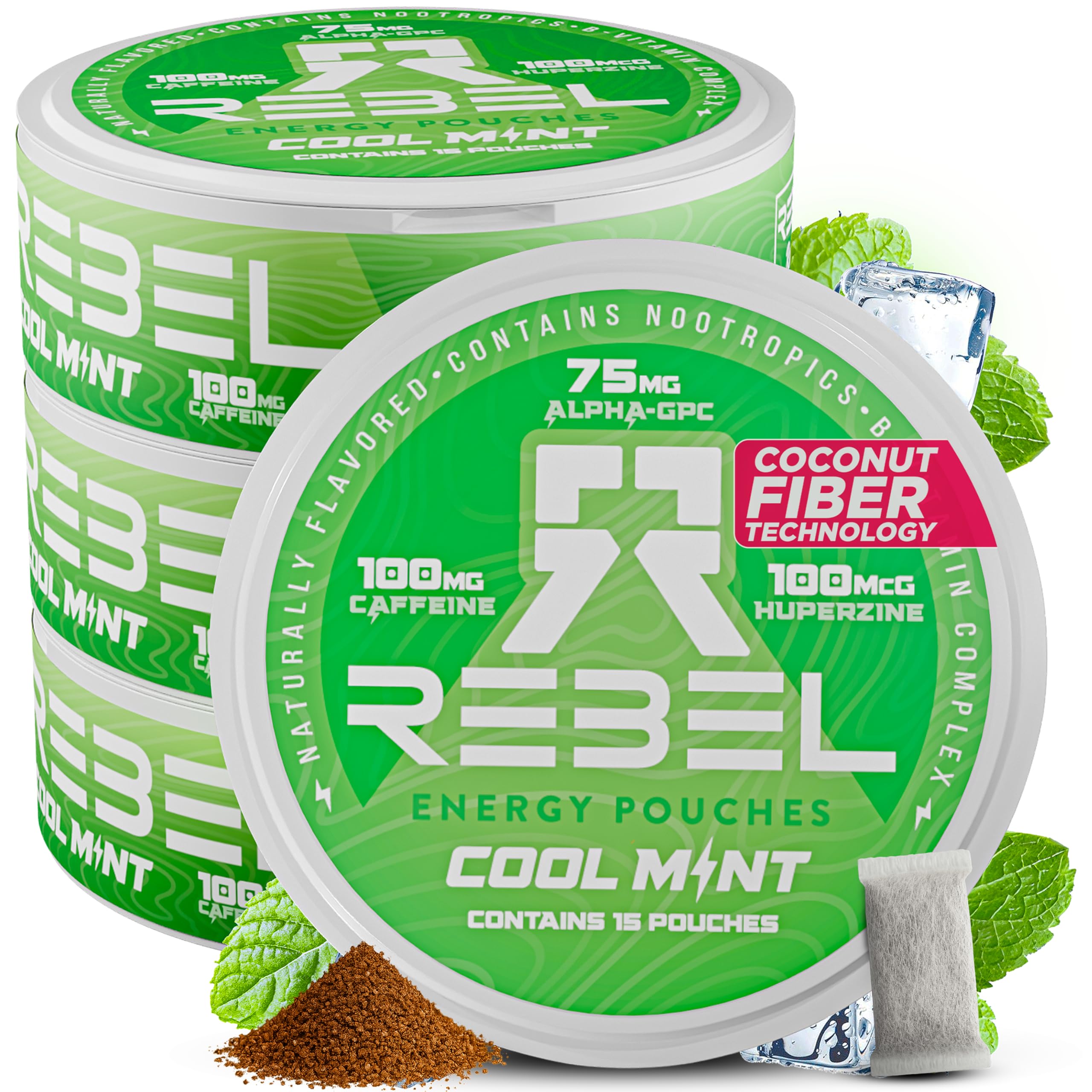 Rebel Nootropic Energy Caffeine Pouches (Cool Mint) • 100mg Caffeine • Alpha GPC • Huperzine A & Essential Vitamins • Sugar-Free • Coconut Fiber Technology • 15 Pouches Per Can (Pack of 4) Rebel Supplements buy supplements canada
