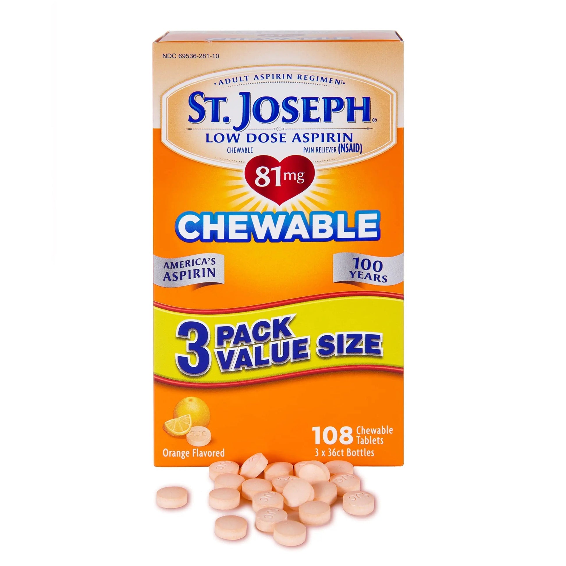 St. Joseph Aspirin Pain Reliever (NSAID) 81mg, Chewable Orange Tablets Adult Low Dose Regimen , 108 ct (3 x 36 ct Tablets per Bottle) St. Joseph buy supplements canada