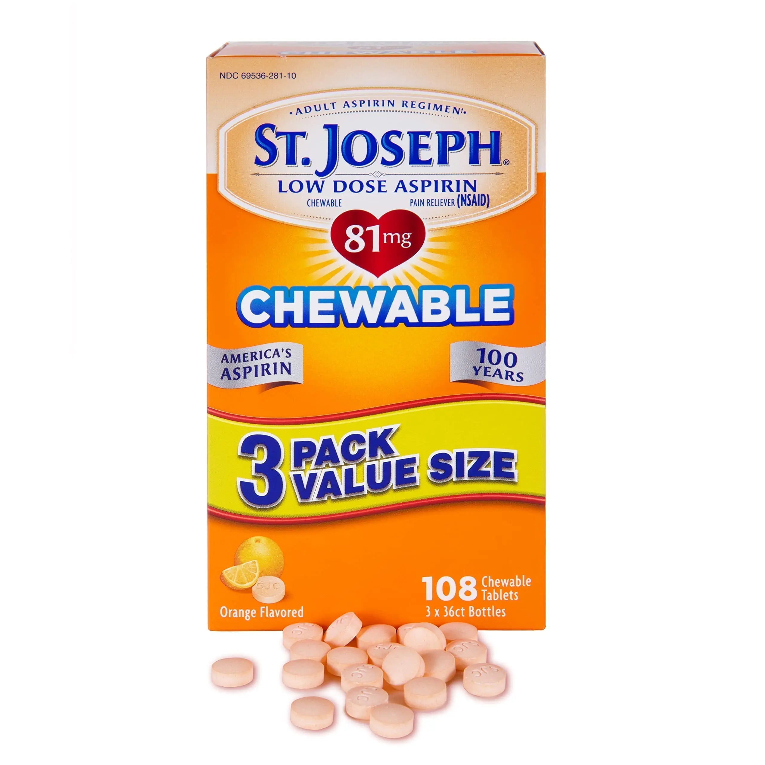 St. Joseph Aspirin Pain Reliever (NSAID) 81mg, Chewable Orange Tablets Adult Low Dose Regimen , 108 ct (3 x 36 ct Tablets per Bottle) St. Joseph buy supplements canada