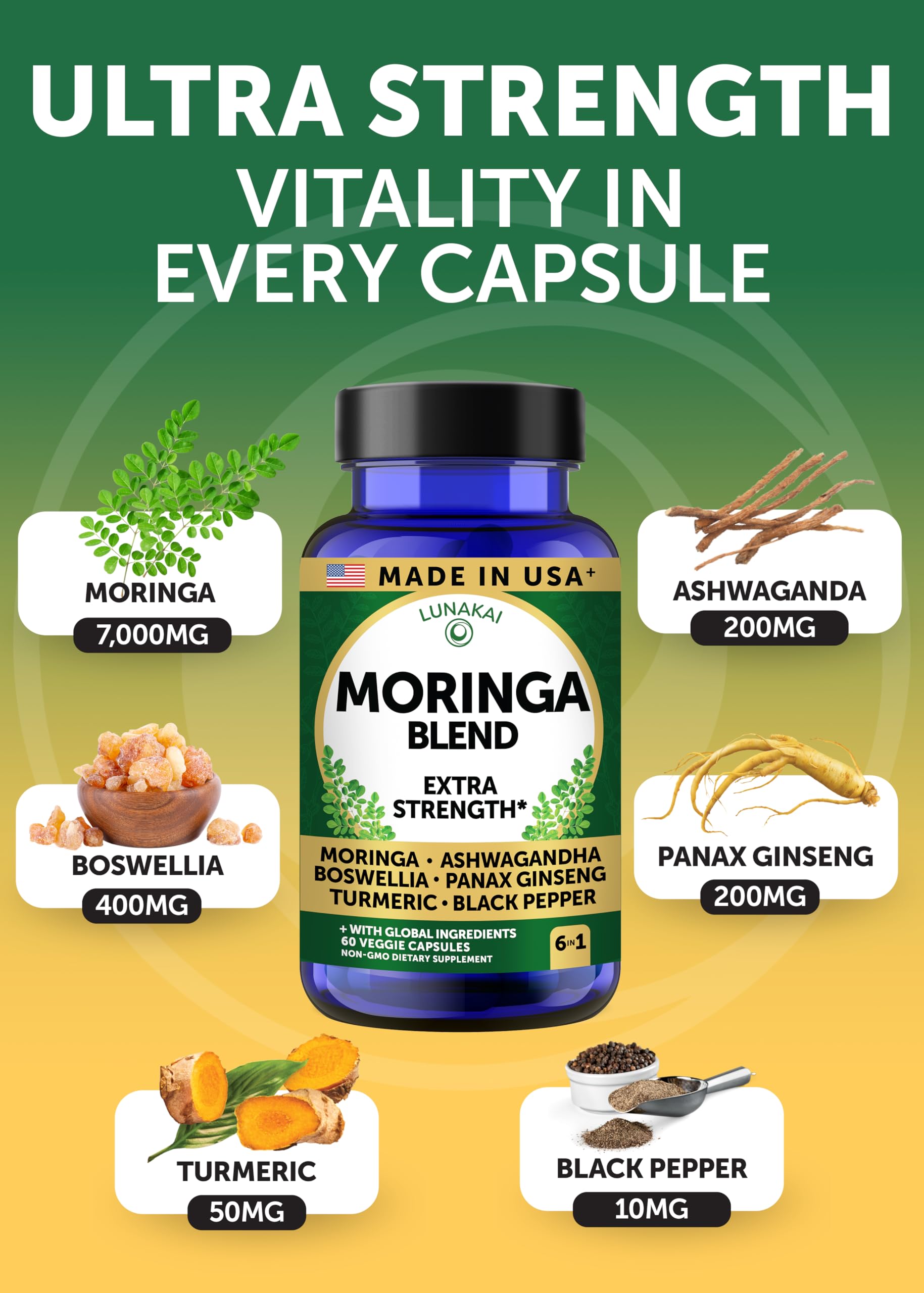 Lunakai USA Made Pure Moringa Capsules – Advanced Moringa Leaf Extract Supplement with Ashwagandha, Boswellia Lunakai buy supplements canada