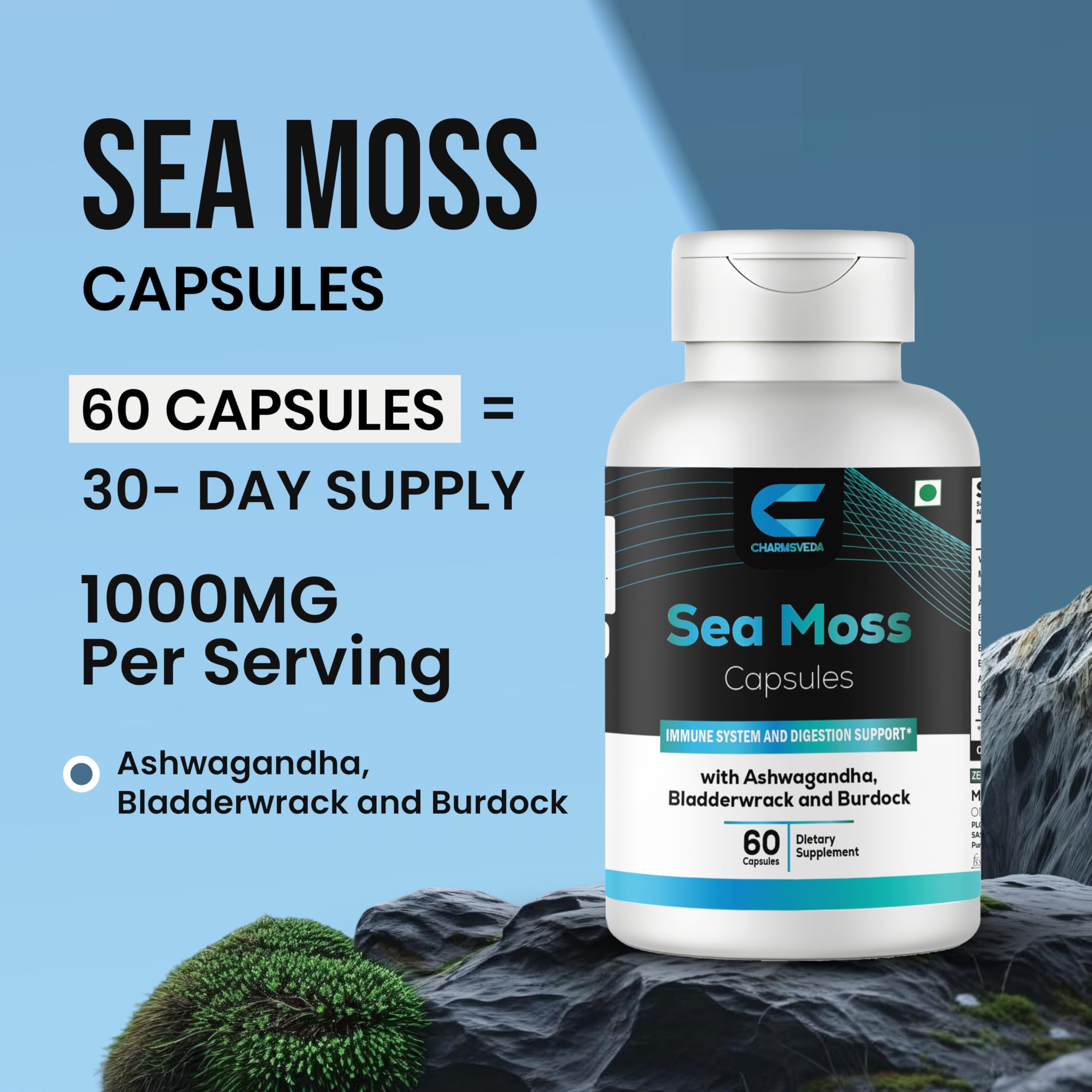 CHARMSVEDA Sea Moss Capsules with Ashwagandha, Bladderwrack & Burdock – Overall Wellness & Immune Support, Support Digestive & Gut Health* – 60 Vegan Capsules CHARMSVEDA buy supplements canada
