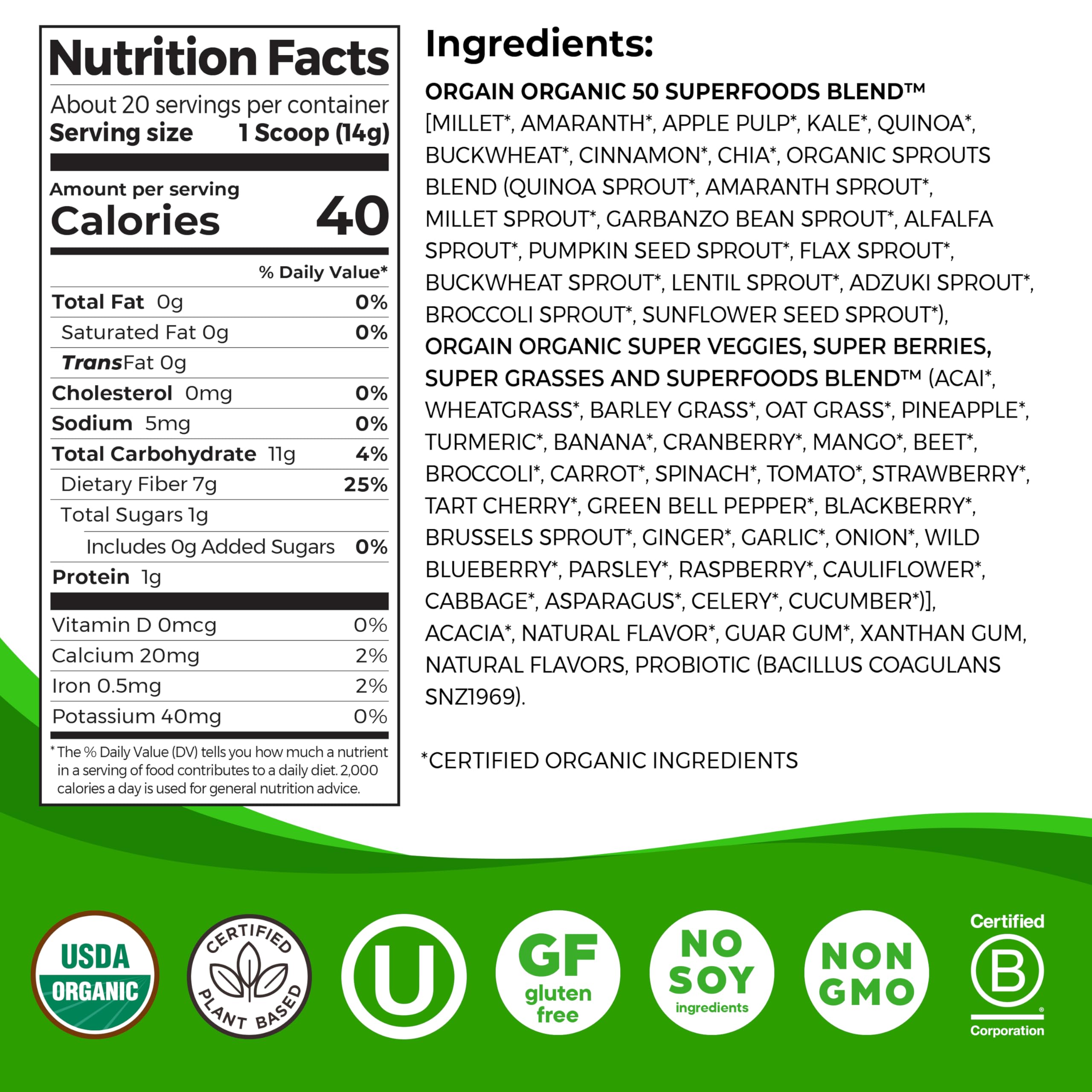 Orgain Organic Greens Powder + 50 Superfoods, Original - 1 Billion Probiotics for Digestive Health, Antioxidants, Vegan, Plant-Based, Gluten-Free, Non-GMO Orgain buy supplements canada