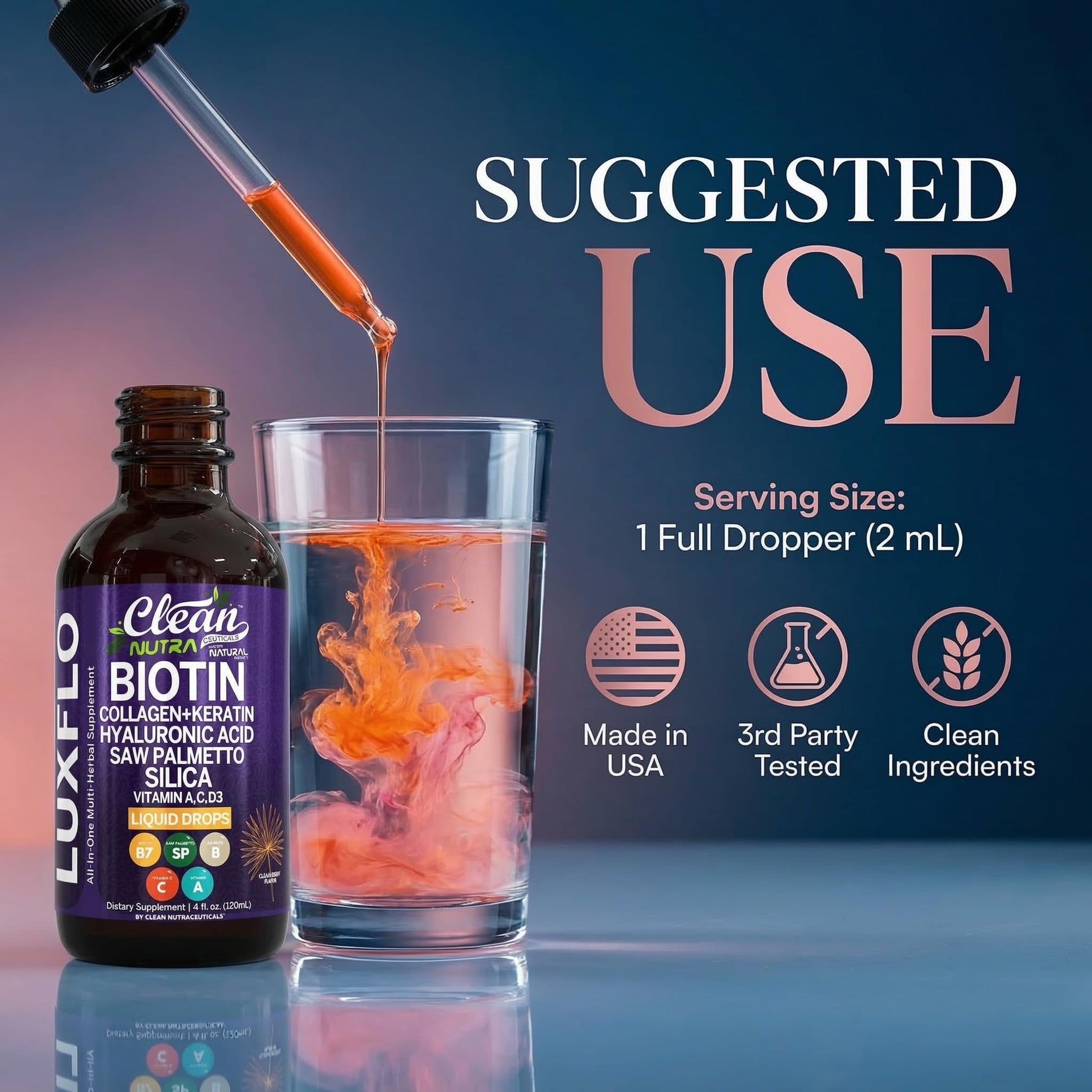 Liquid Biotin & Collagen Keratin Hyaluronic Acid Saw Palmetto Drops Vitamins for Hair Growth Support Silica Vitamin A C D Bamboo Turmeric Zinc Folate Magnesium Horsetail LuxFlo By Clean Nutra Clean Nutraceuticals buy supplements canada