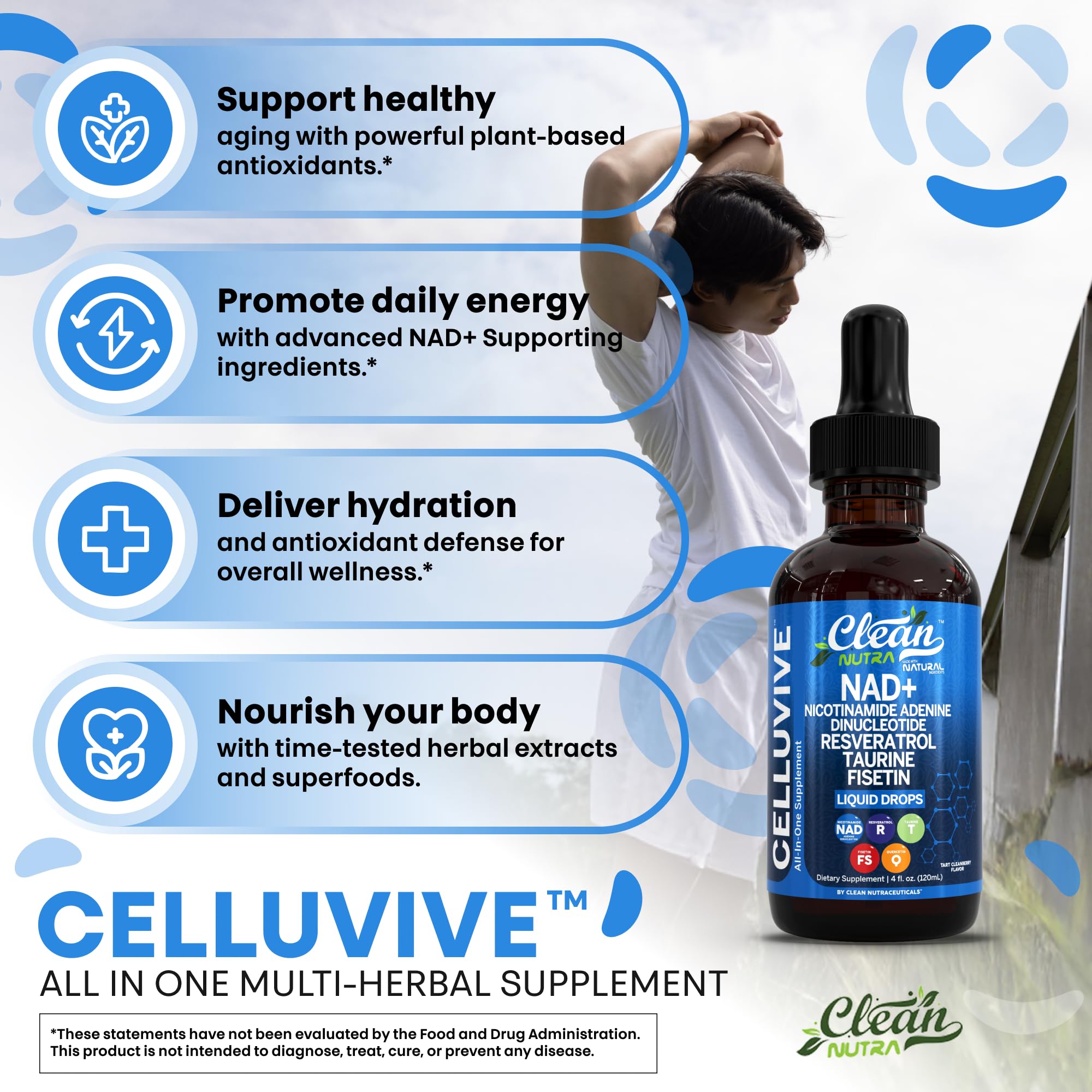 Clean Nutra NAD Liquid Supplement Drops Resveratrol Polyphenols Liposomal Taurine Fisetin Grape Seed Extract Japanese Knotweed Fo Ti Anti Aging NAD+ Nicotinamide Adenine Dinucleotide for Women & Men Clean Nutraceuticals buy supplements canada