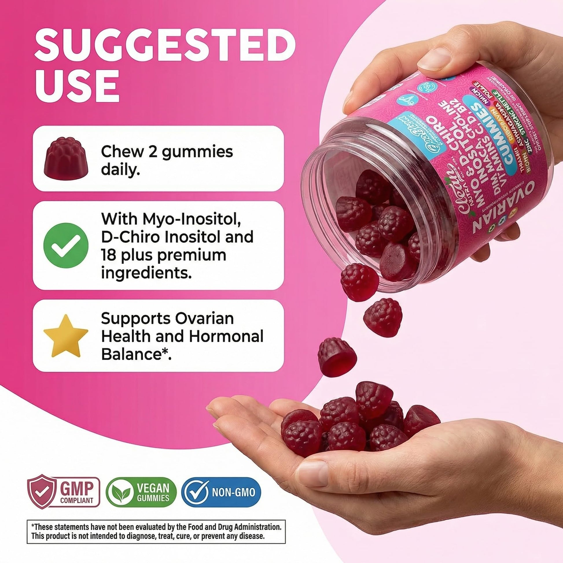 OVA Bloom Ovarian Support Gummies Myo Inositol D-Chiro Inositol Choline Flax Biotin Riboflavin Thiamin Niacin Ashwagandha DIM Maca Root Vitamin C D3 B12 Zinc 60 Count By Clean Nutra Clean Nutraceuticals buy supplements canada