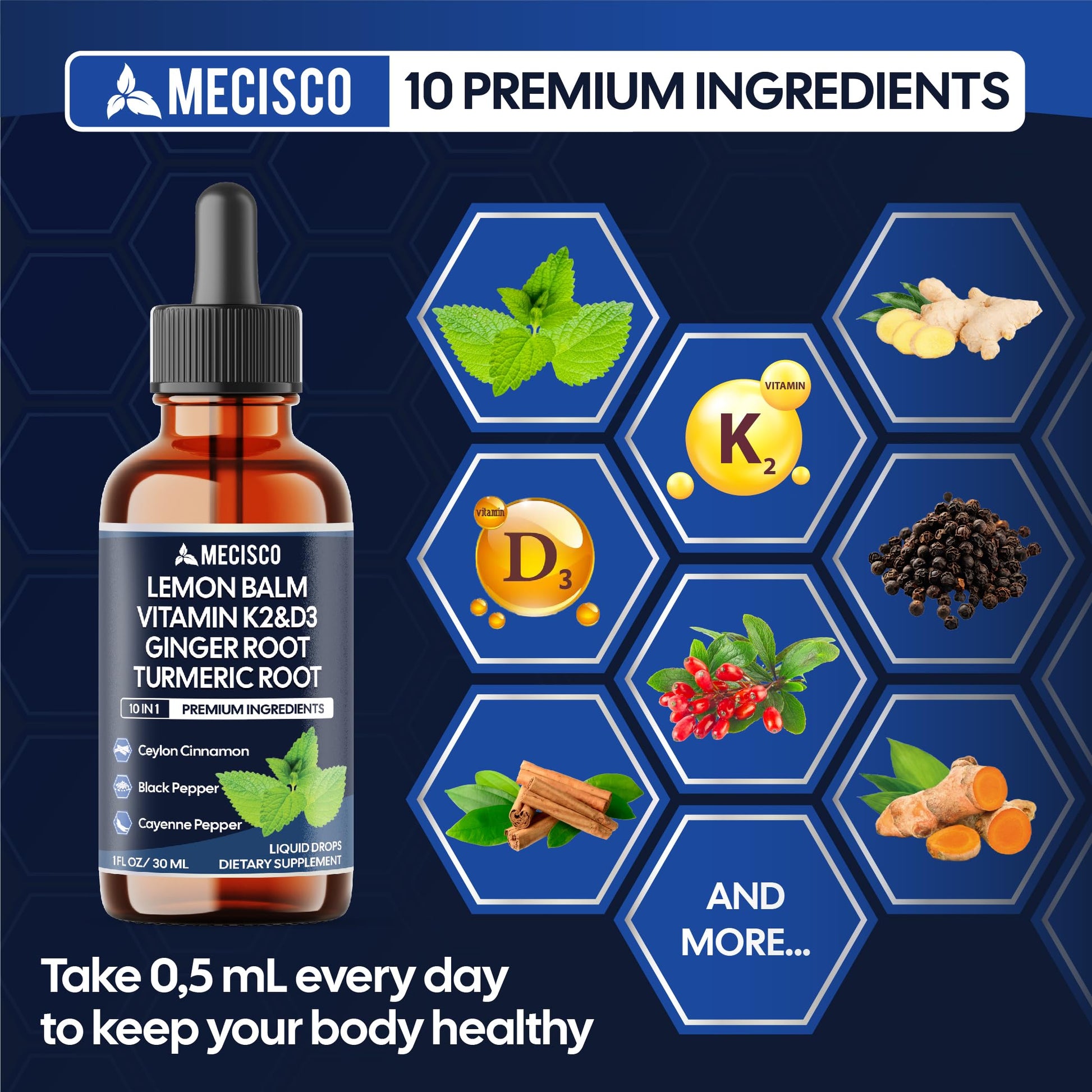 10in1 Lemon Balm Liquid Drops Blend Includes Vitamin D3, Vitamin K2, Lemon Balm, Ginger, Turmeric, Ceylon Cinnamon, Black Pepper, Cayenne Pepper, Berberine, Valerian Root - 1 FL Oz - 2 Month Supply Mecisco buy supplements canada