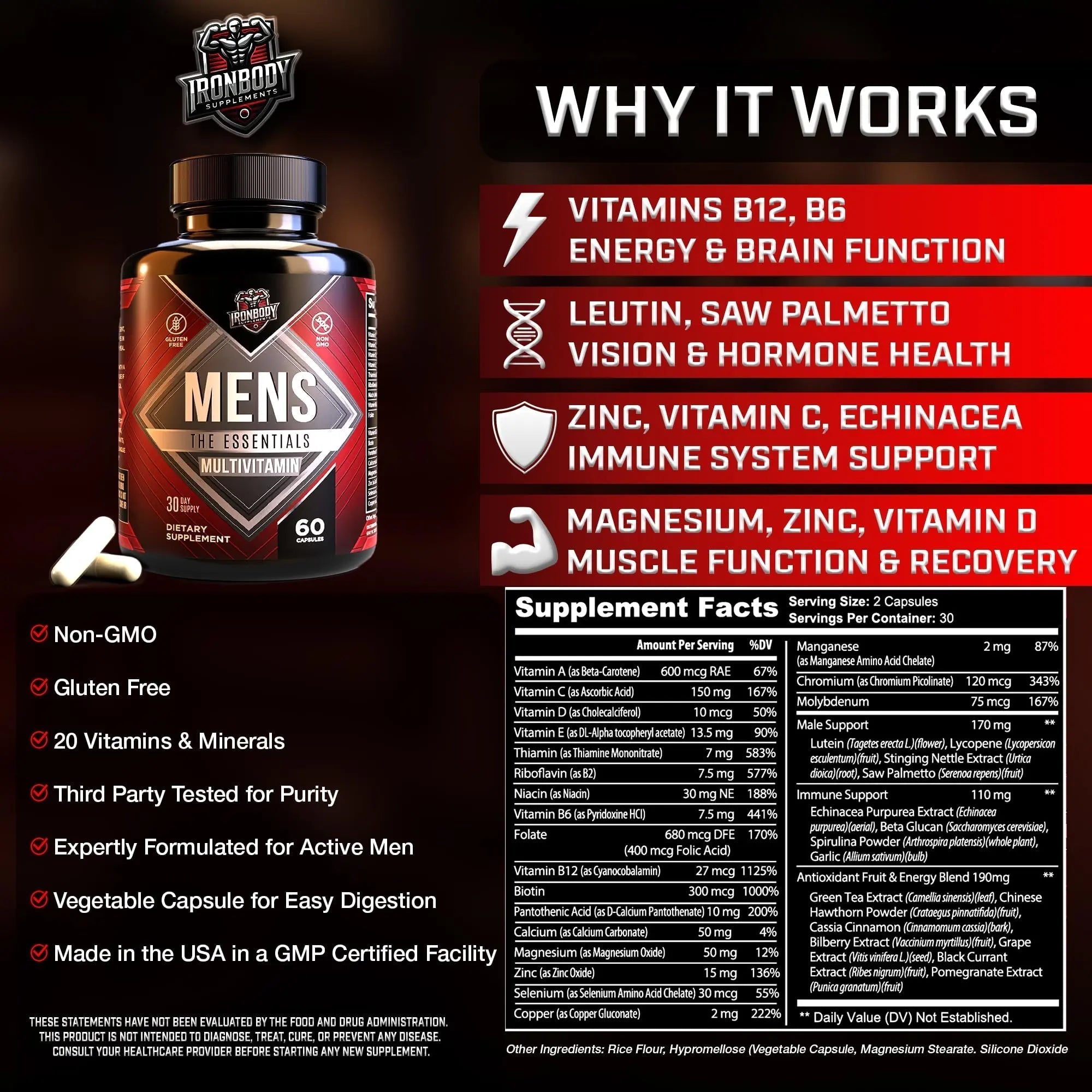 IronBody Supplements, Multivitamin for Men, Vitamins A, B, C, D, E, Zinc. Immune Support, Antioxidant Fruit and Energy Blend. 60 Capsules IronBody Supplements buy supplements canada
