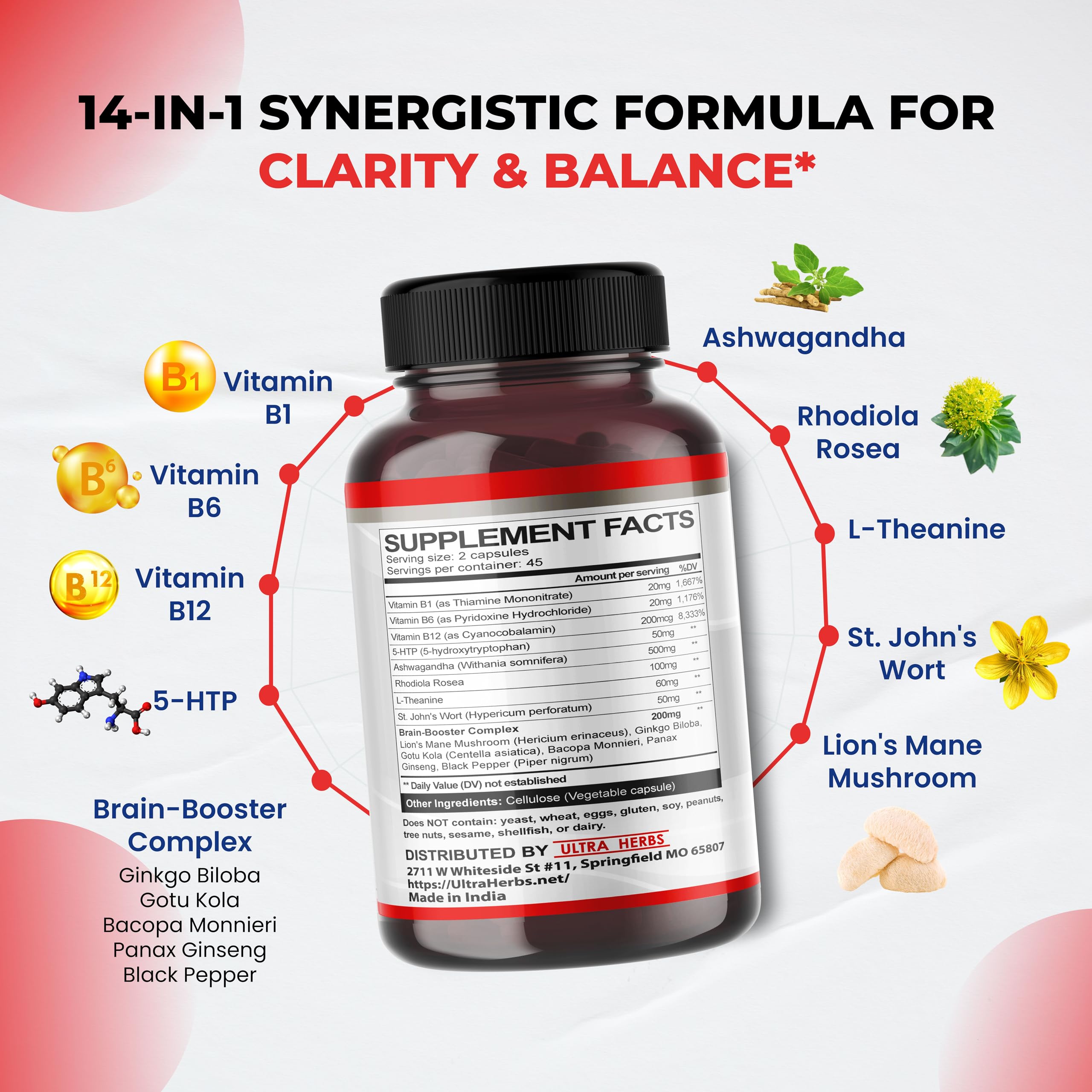Dopamine Focus Supplement Ashwagandha 5-HTP Rhodiola Rosea St. John's Wort - Increase Memory Clarity Focus Restore Relax with VIT B1, B6, B12, L-Theanine ULTRA HERBS buy supplements canada