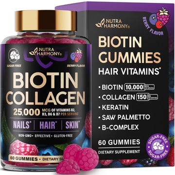 Biotin Gummies with Collagen - Hair Growth Support Skin, & Nail Strength - for Women & Men - Biotin 10000mcg | Keratin | Hyaluronic Acid | B-Complex | Saw Palmetto NUTRAHARMONY buy supplements canada