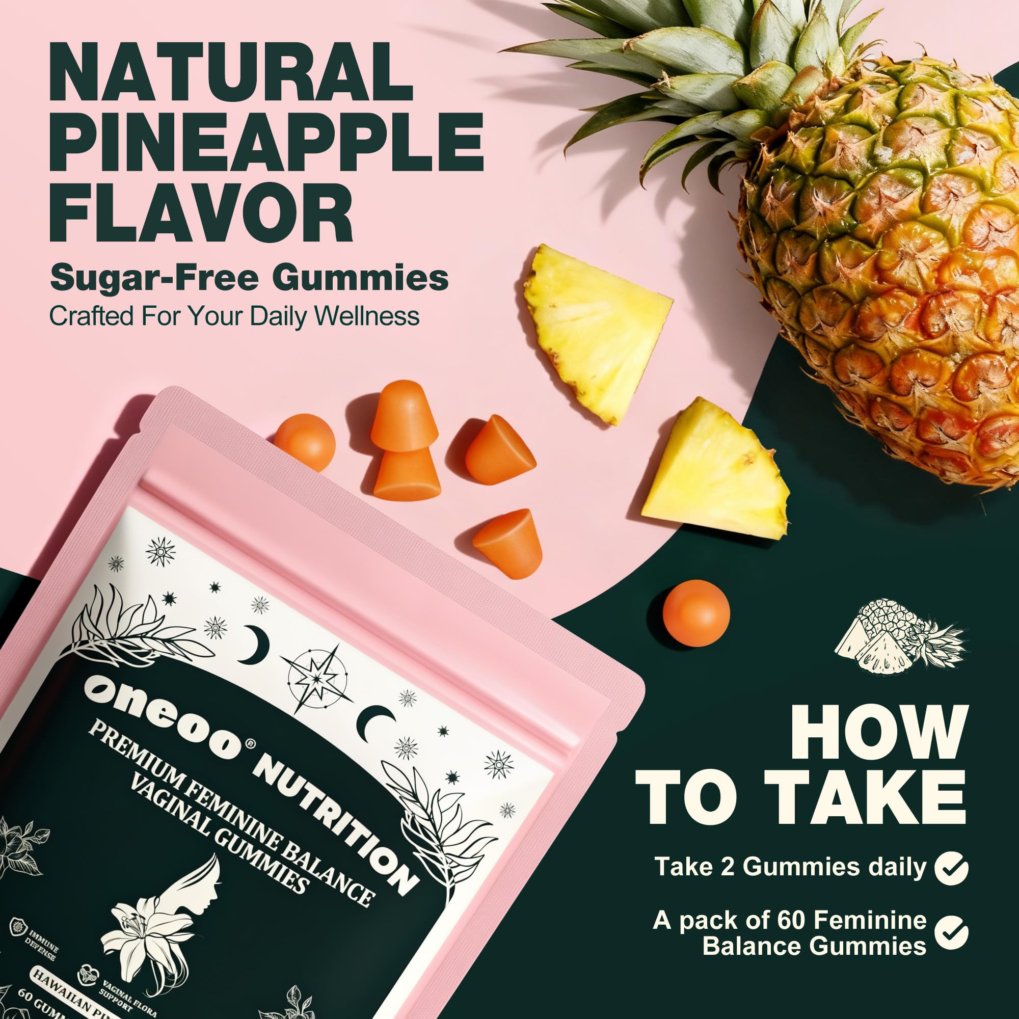 Oneoo Feminine Balance Gummies - Premium Balance Gummies for Women's pH Health, Feminine Gummy for Immune & Energy Support, Vegan, Gluten-Free, Hawaiian Pineapple, 60 Count Oneoo buy supplements canada