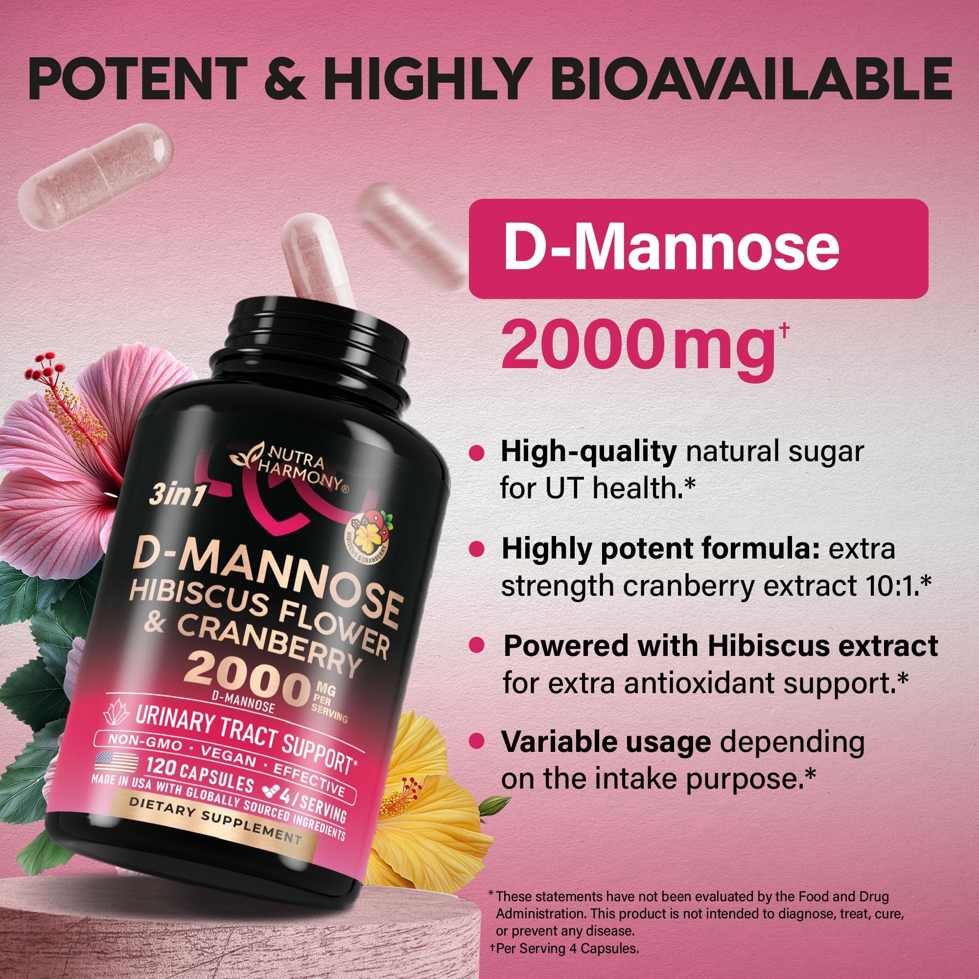 D-Mannose 2000mg with Cranberry & Hibiscus - Clinically Tested Strength for Urinary Tract Health - Supplement for Women - Bladder, Liver & Microflora Support - Made in USA - Vegan, 120 Capsules NUTRAHARMONY buy supplements canada