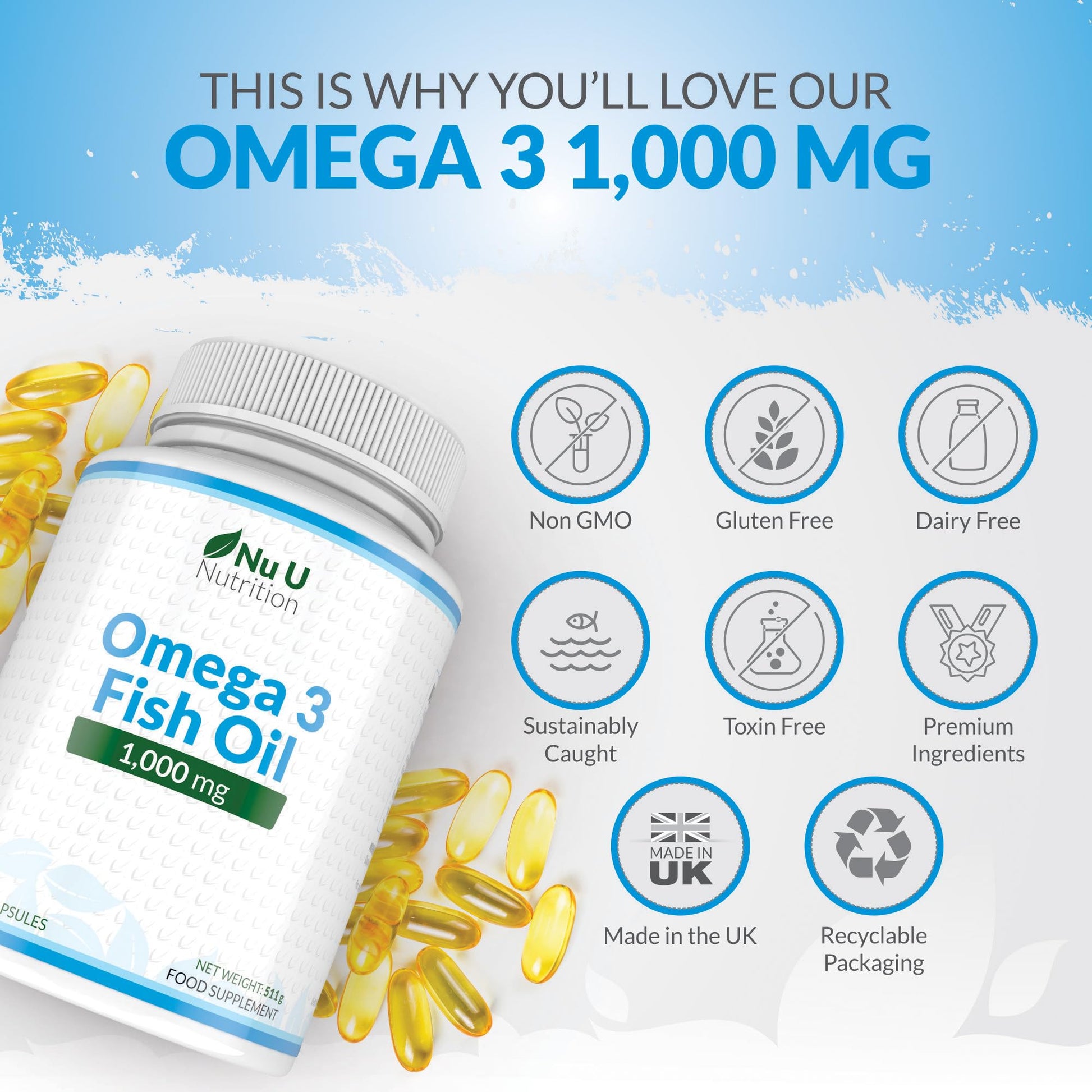 Omega 3 Fish Oil 1000mg - 365 Softgel Capsules - Up to 12 Month’s Supply - Pure Fish Oil Nu U Nutrition buy supplements canada