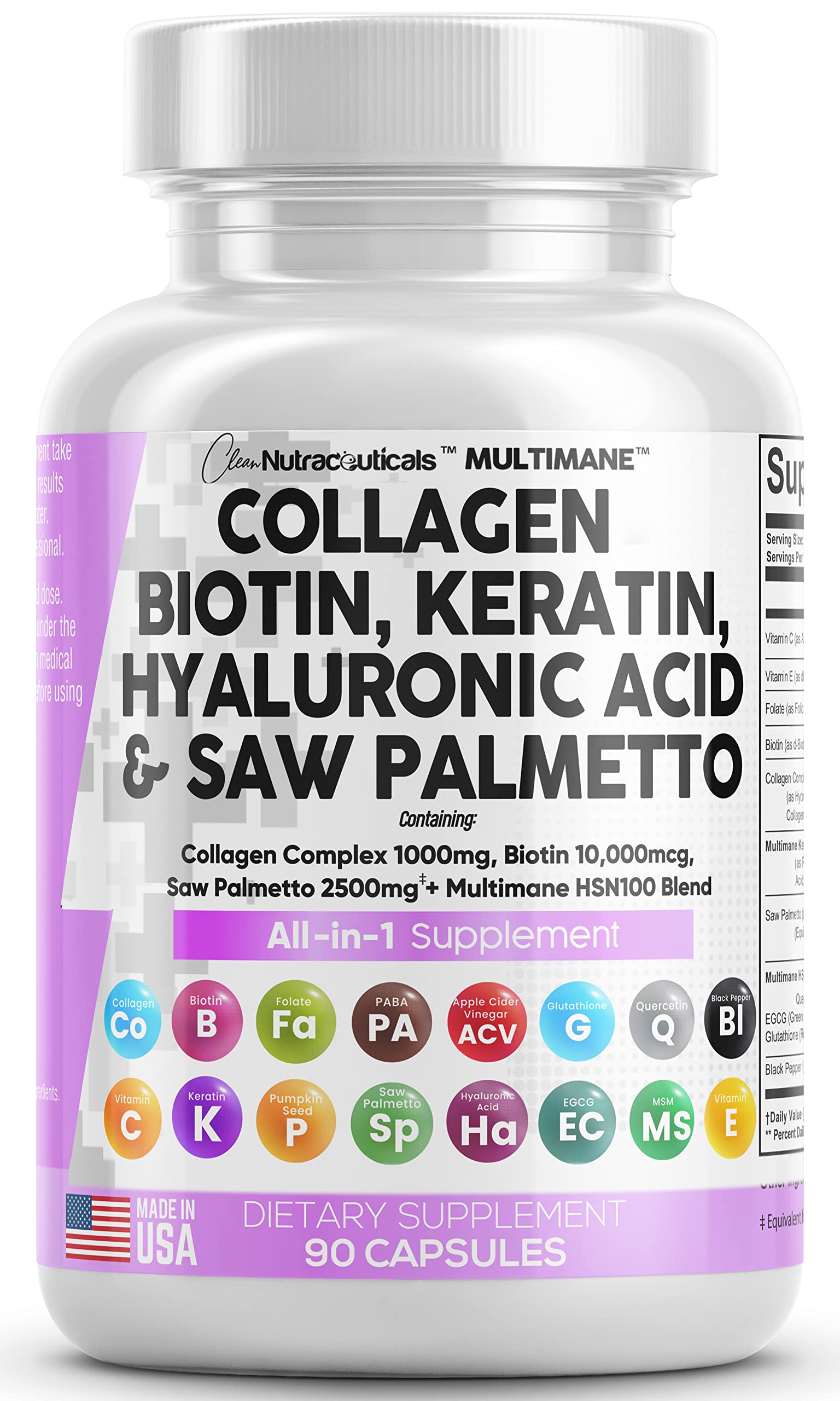 Collagen Pills 1000mg Biotin 10000mcg Keratin Saw Palmetto 2500mg 90 Ct Clean Nutraceuticals buy supplements canada