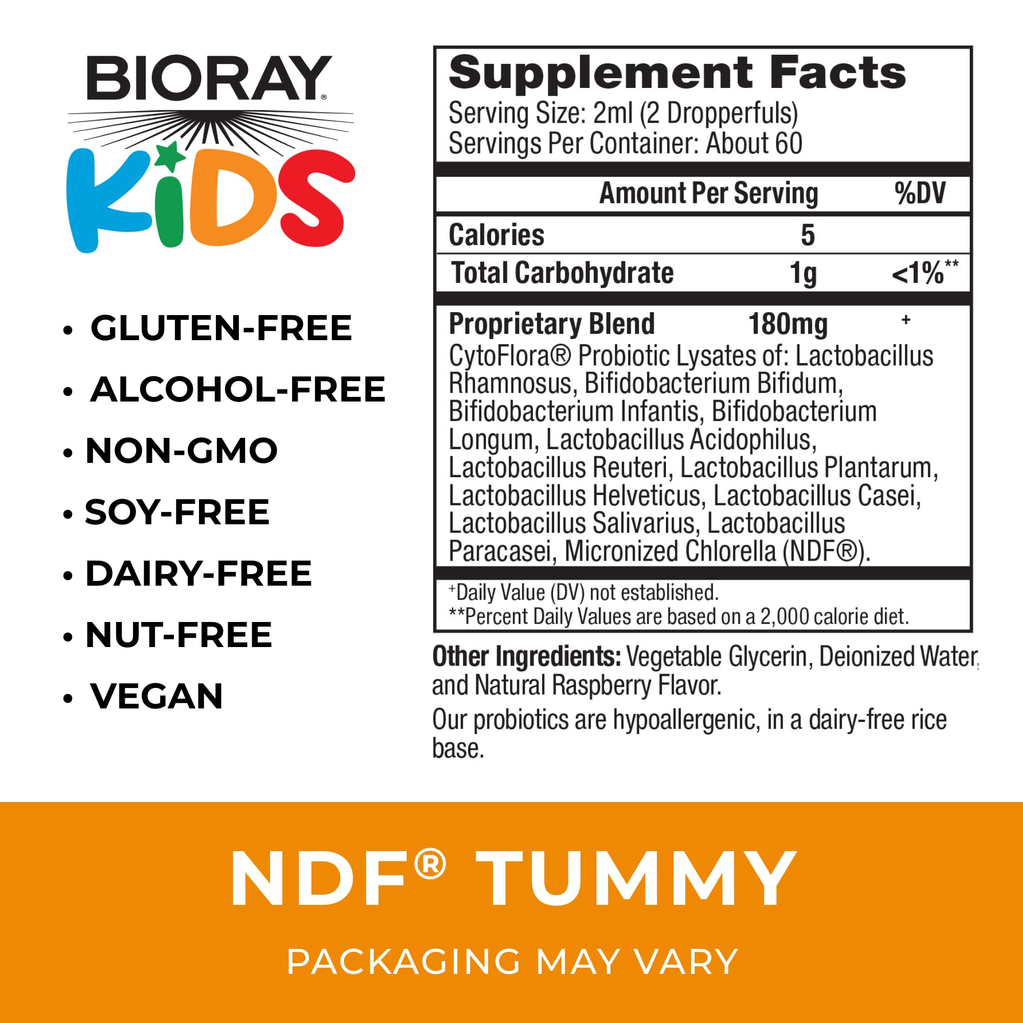 BIORAY Kids NDF Tummy, Raspberry - 4 fl oz (120 mL) - 11-Strain Probiotic Blend - Supports the Immune Response in the GI Tract - Non-GMO, Vegan, Gluten Free - Approx. 120 Servings BIORAY buy supplements canada