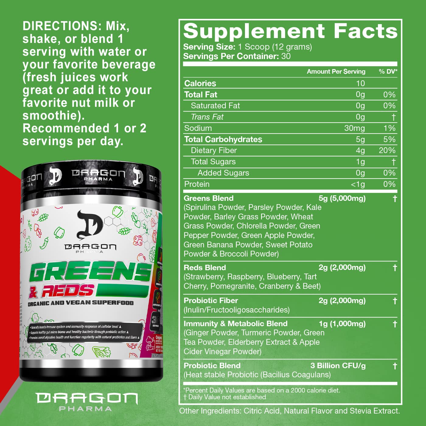 DRAGON PHARMA Greens and Reds, Over 23 Nutritious Superfoods, Reds and Vegetables, Optimal Health and Wellness (30 Servings, Original) DRAGON PHARMA buy supplements canada
